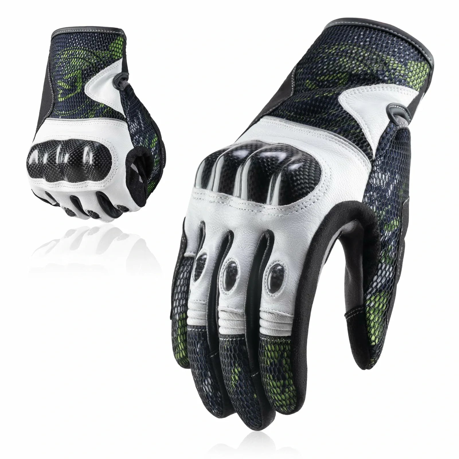 Pair of black and white gloves with mesh design on a white background