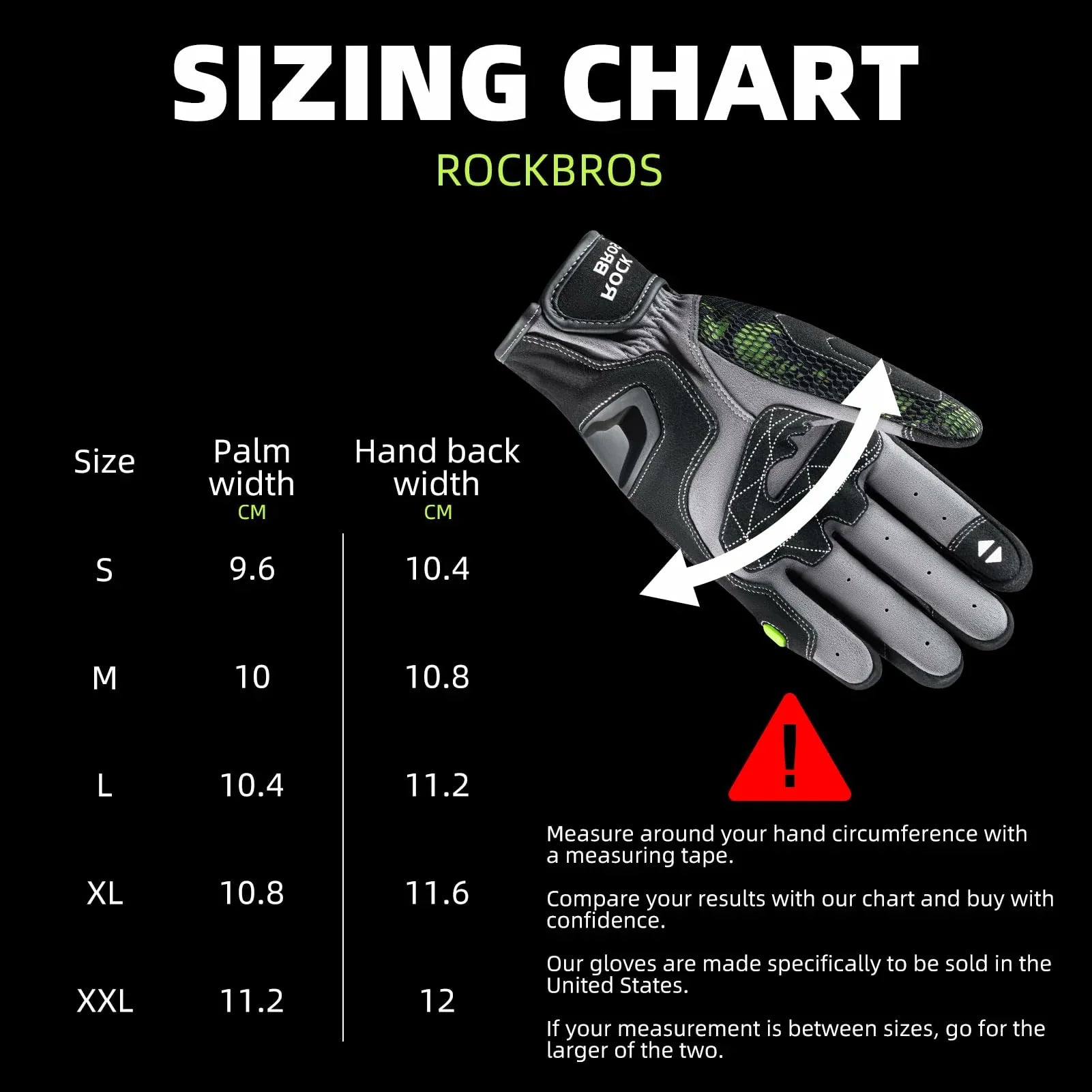 Sizing chart for Rockbros gloves with glove illustration on a black background