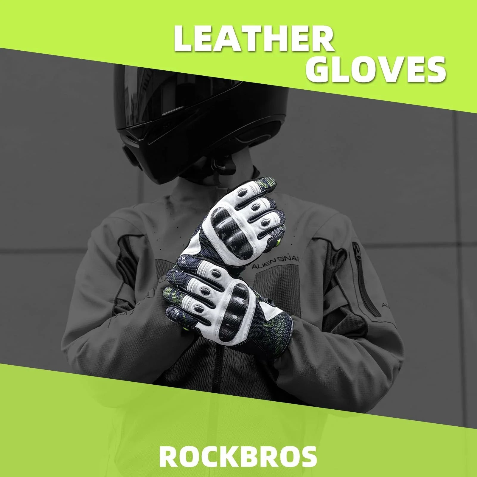 Person wearing leather gloves and a helmet with 'Rockbros' branding on a gray background.
