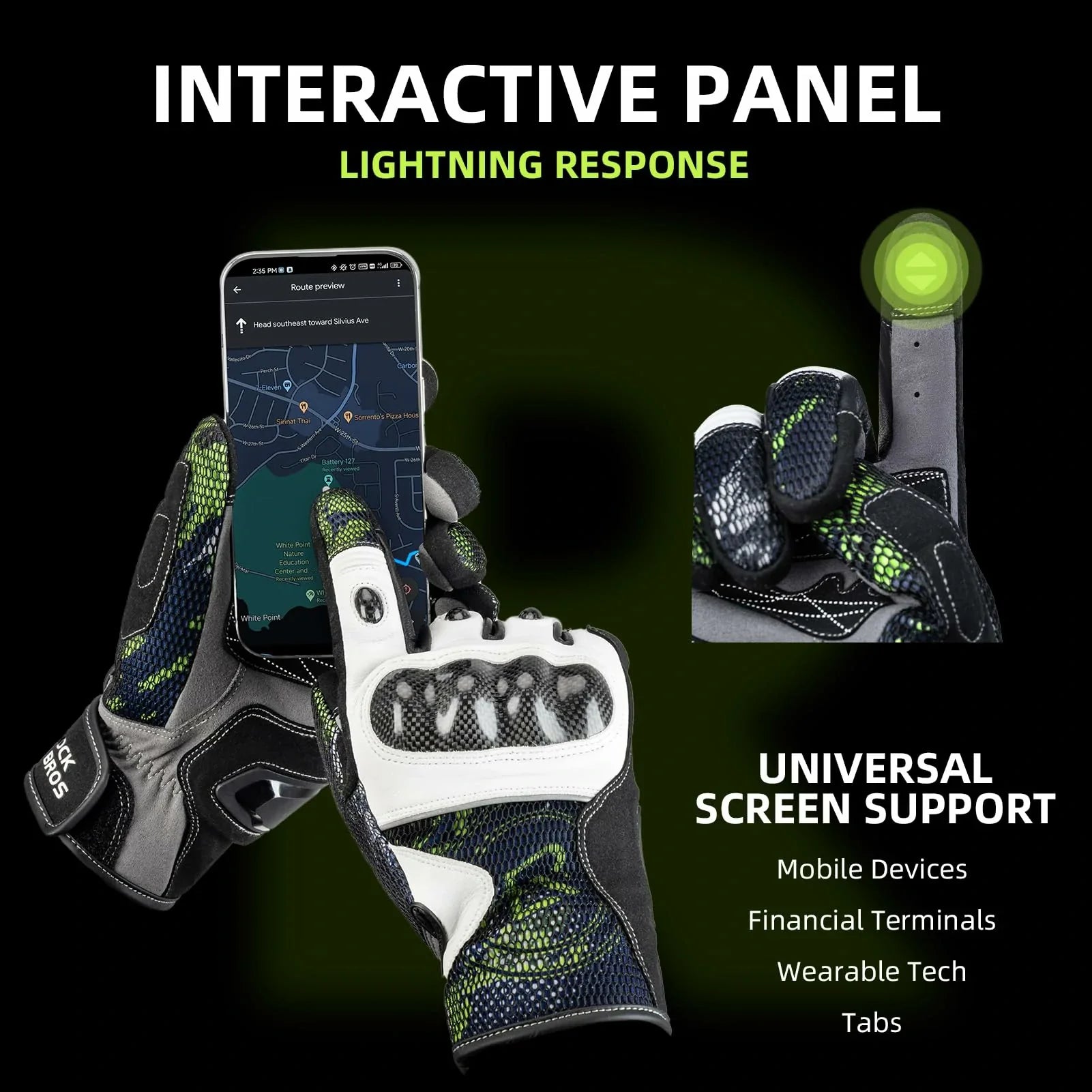Gloves with interactive panel and smartphone, featuring text about lightning response and universal screen support.