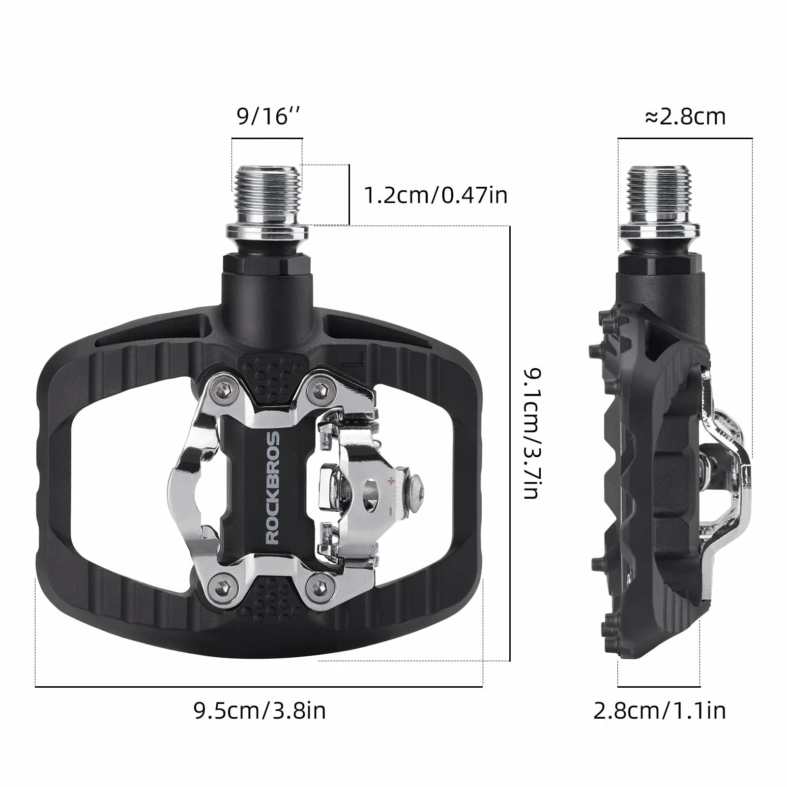 Bicycle pedal with detailed measurements on a white background