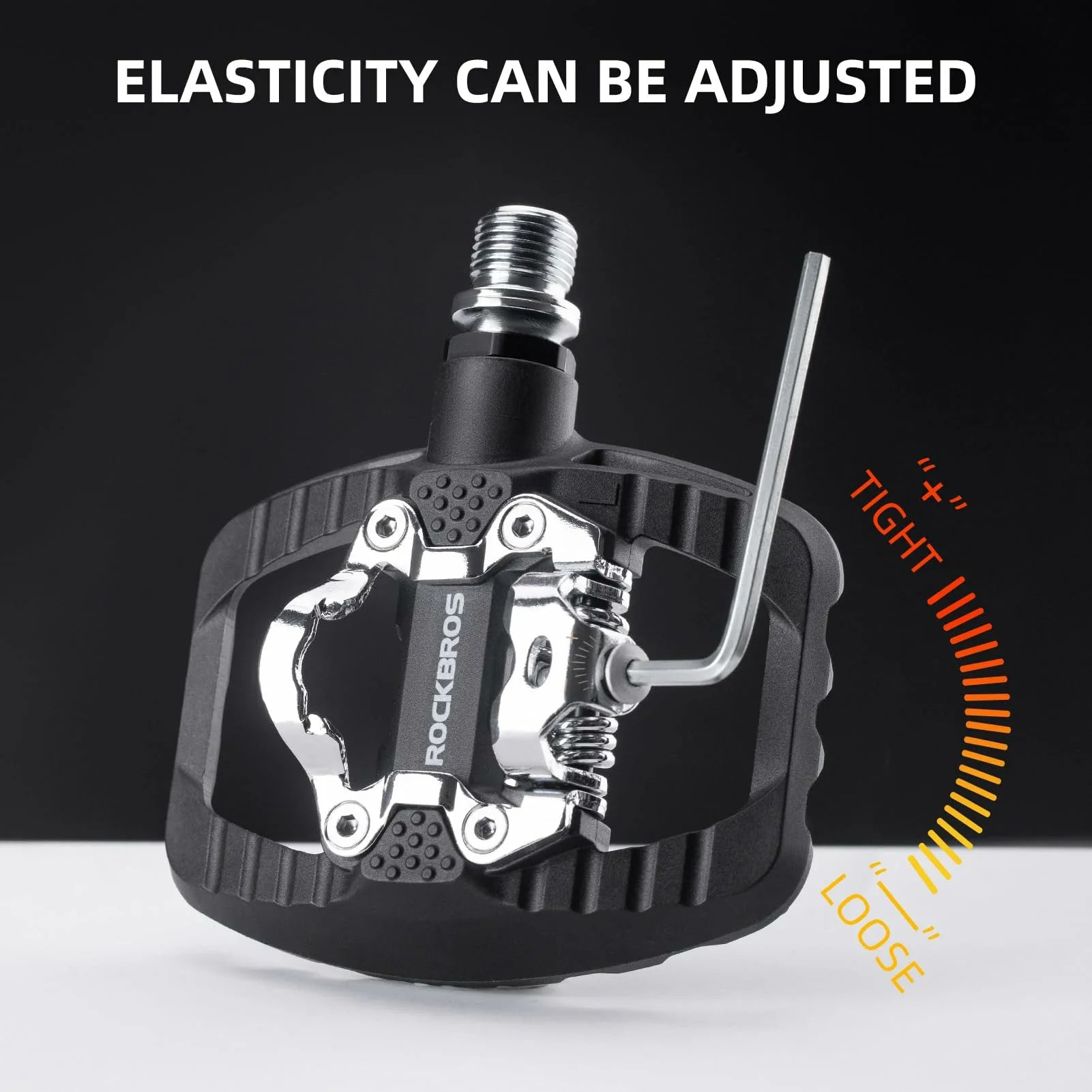 Bicycle pedal with adjustable elasticity feature on a black background