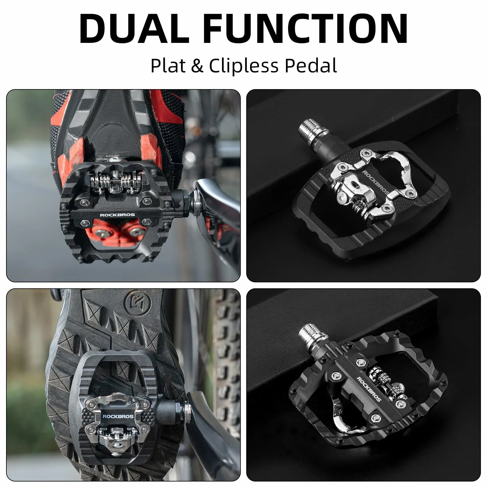 Bicycle pedal with dual function labeled on a white background