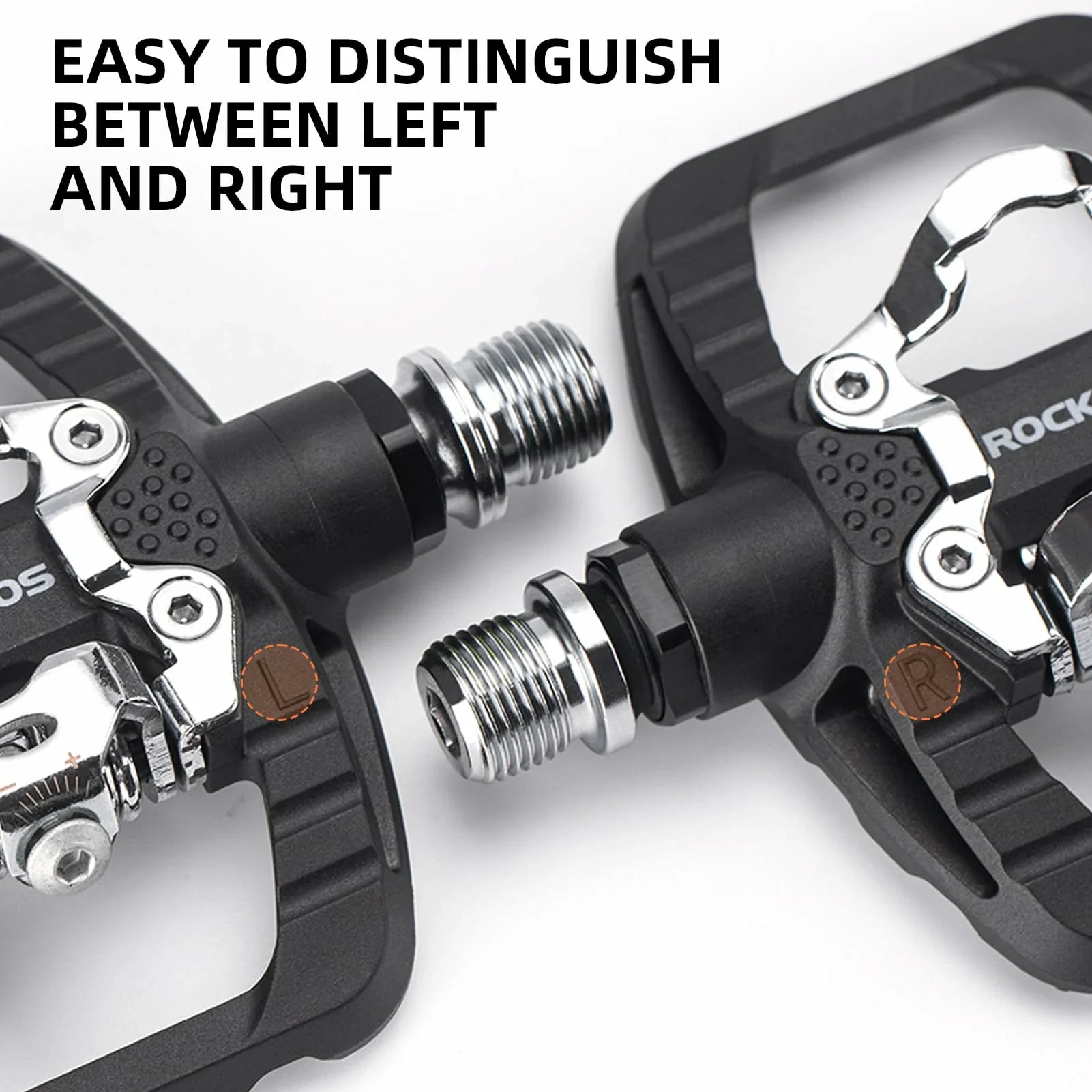 Close-up of bicycle pedals with text 'Easy to distinguish between left and right'.