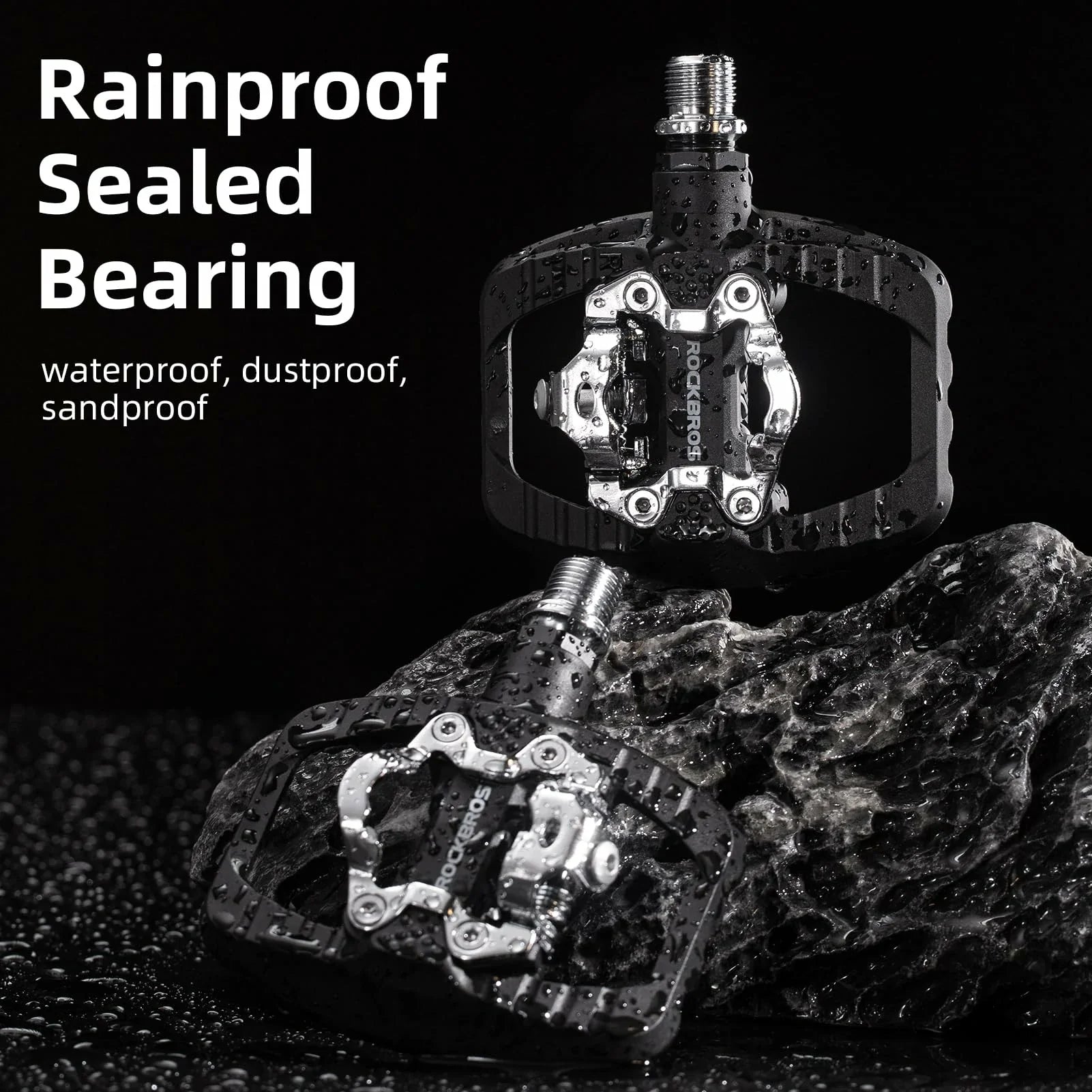 Rainproof sealed bearing with waterproof, dustproof, sandproof text on a black background