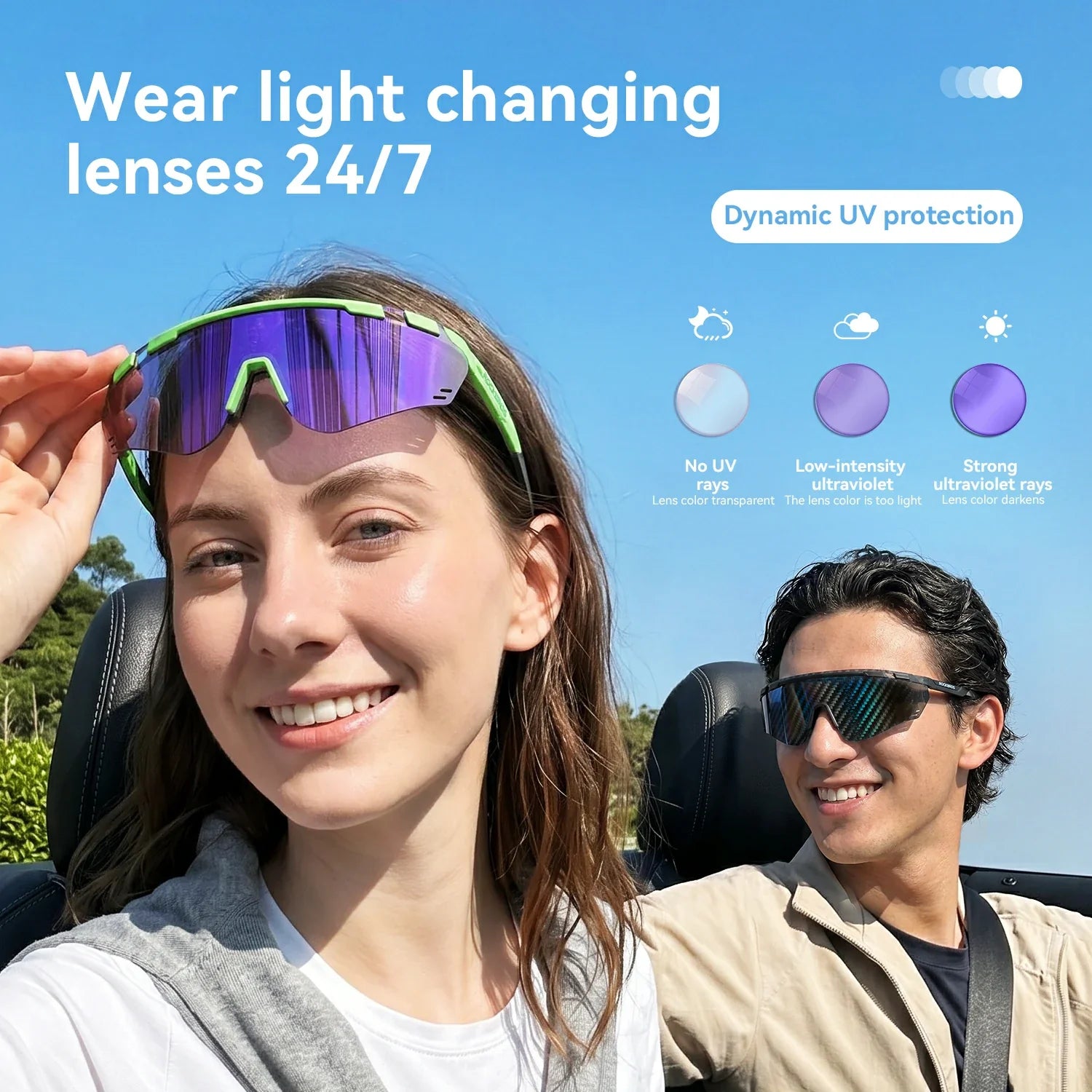 Two people in a convertible car wearing light-changing sports sunglasses with purple mirrored lenses, set against a blue sky. Text overlays highlight UV protection benefits.