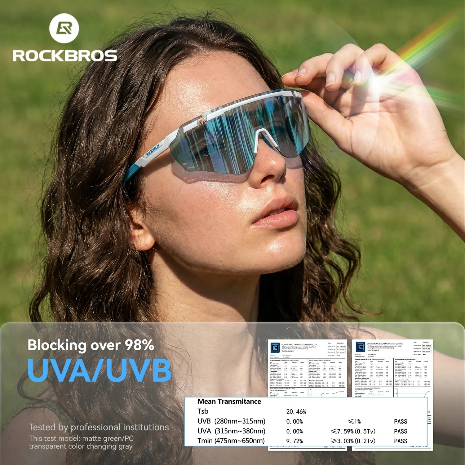 A woman outdoors wearing ROCKBROS shield-style sunglasses with mirrored blue lenses and a white frame. The image includes marketing text about blocking over 98% UVA/UVB, plus small test result charts in the lower right.