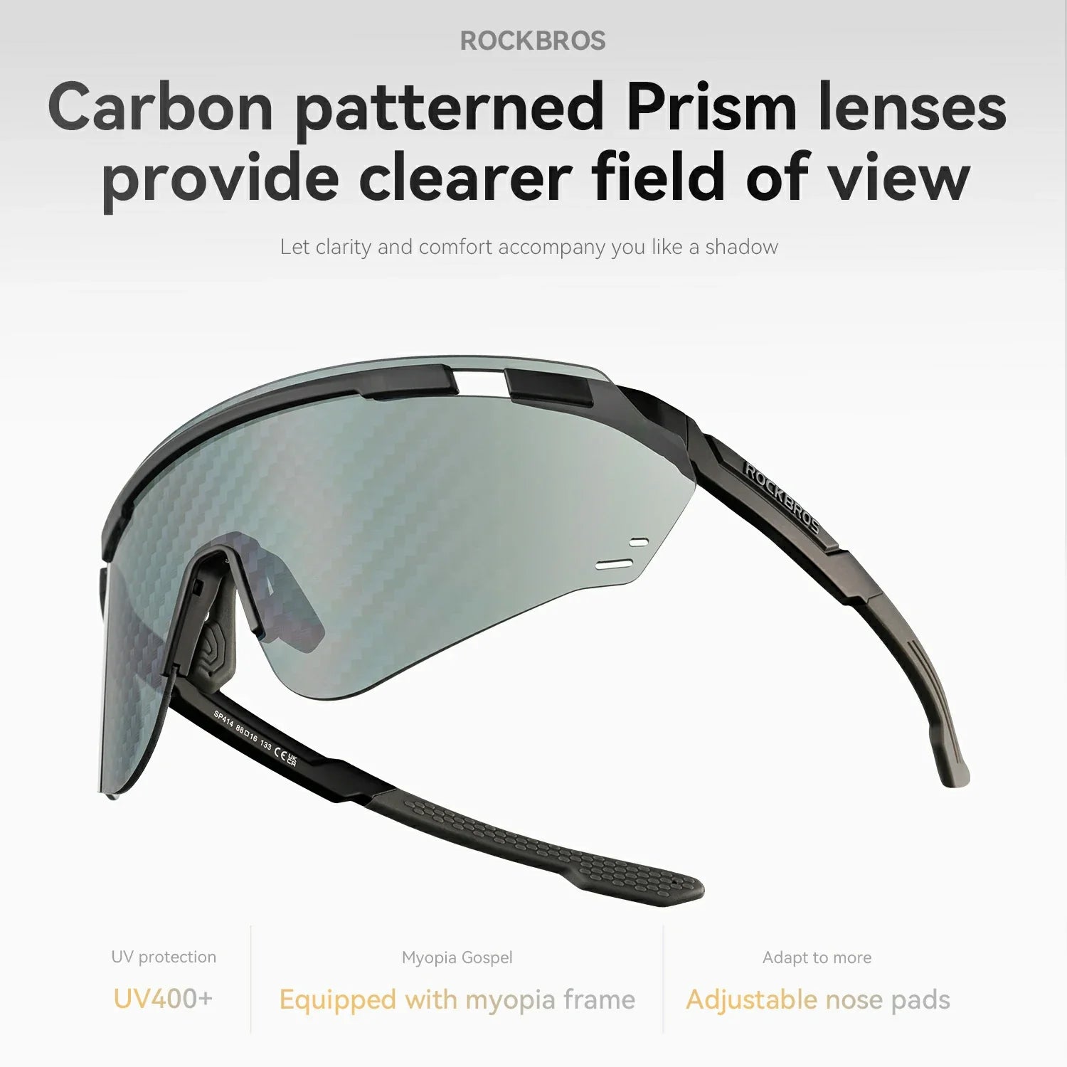 Rockbros shield-style sunglasses with large carbon-patterned prism lenses and black arms, shown on a light gray background with marketing text above and feature callouts below.
