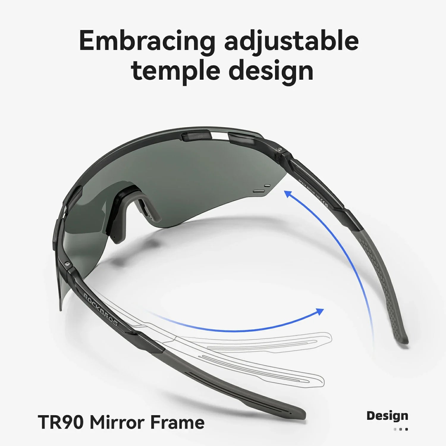 Adjustable sports sunglasses with a dark gray temple and mirrored lens, shown with text reading 'Embracing adjustable temple design' and 'TR90 Mirror Frame' on a light gray background.