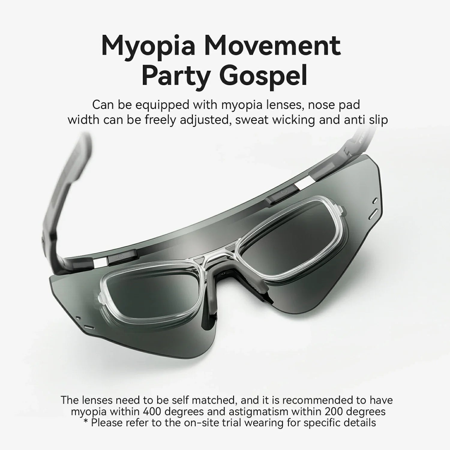 Myopia movement party gospel wrap-around shield sunglasses with dark gray lenses and a clear frame, shown on a light gray background with descriptive text.