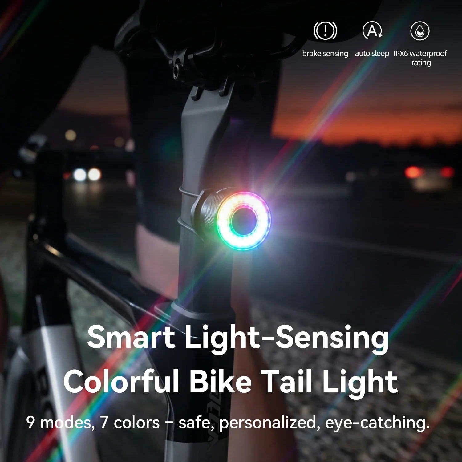 Smart light-sensing colorful bike tail light on a bicycle at night.