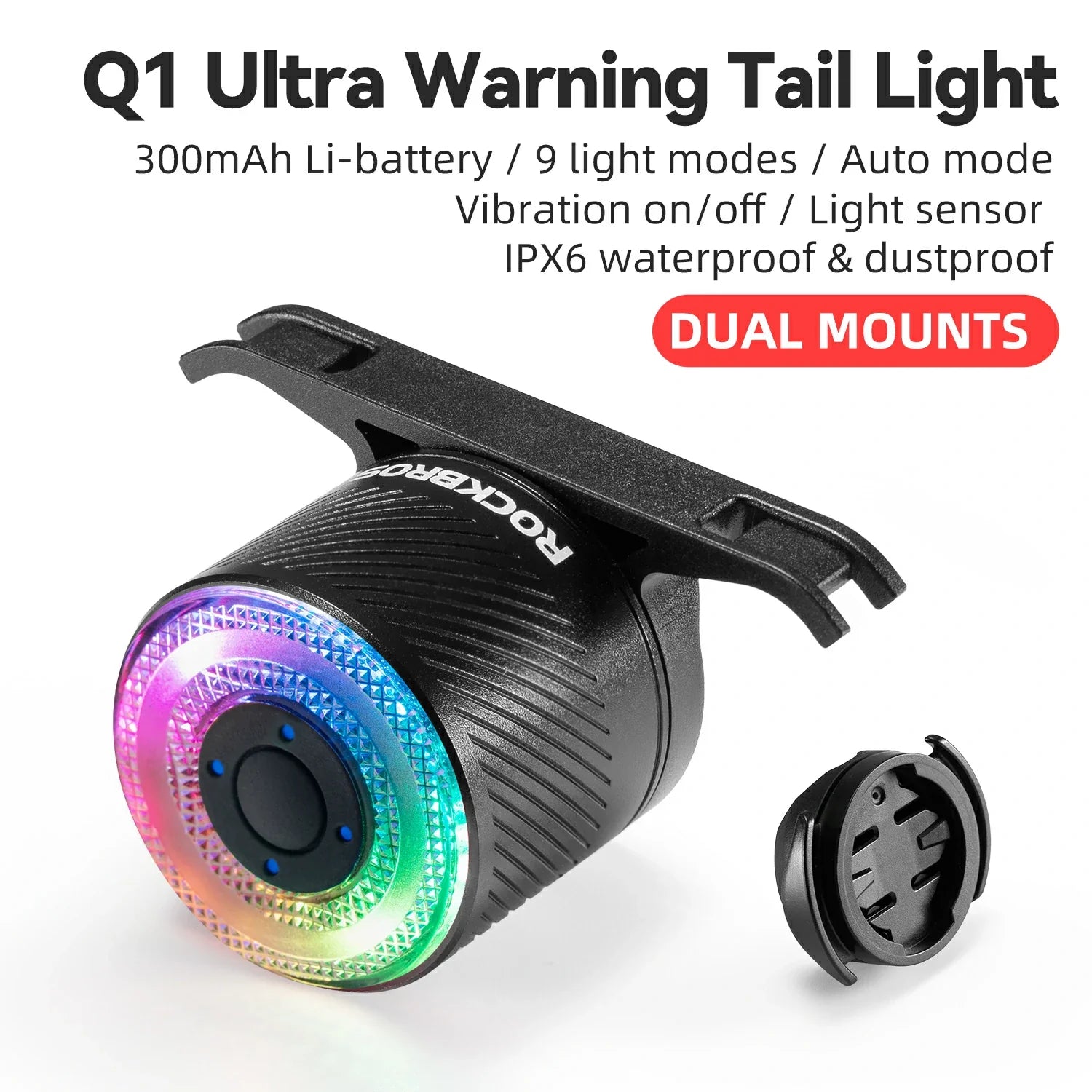 Q1 Ultra Warning Tail Light with dual mounts on a white background