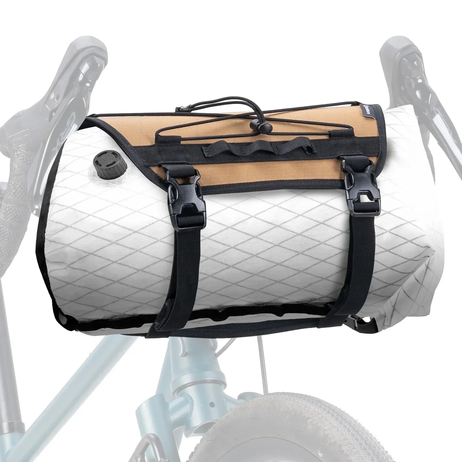 Bicycle with a white and tan roll-top bag on a white background
