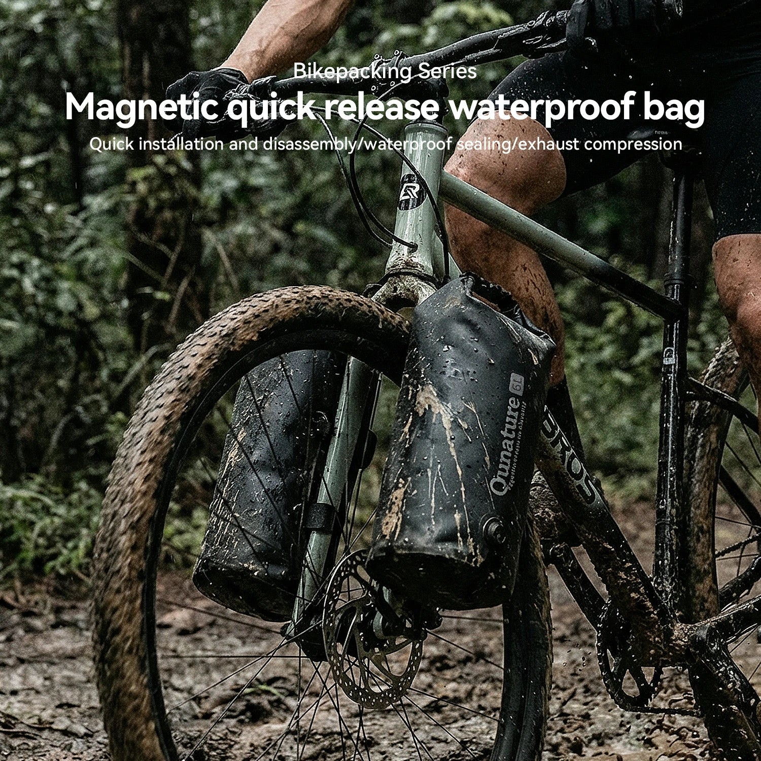 Bike with a magnetic quick release waterproof bag attached, set against a natural background.