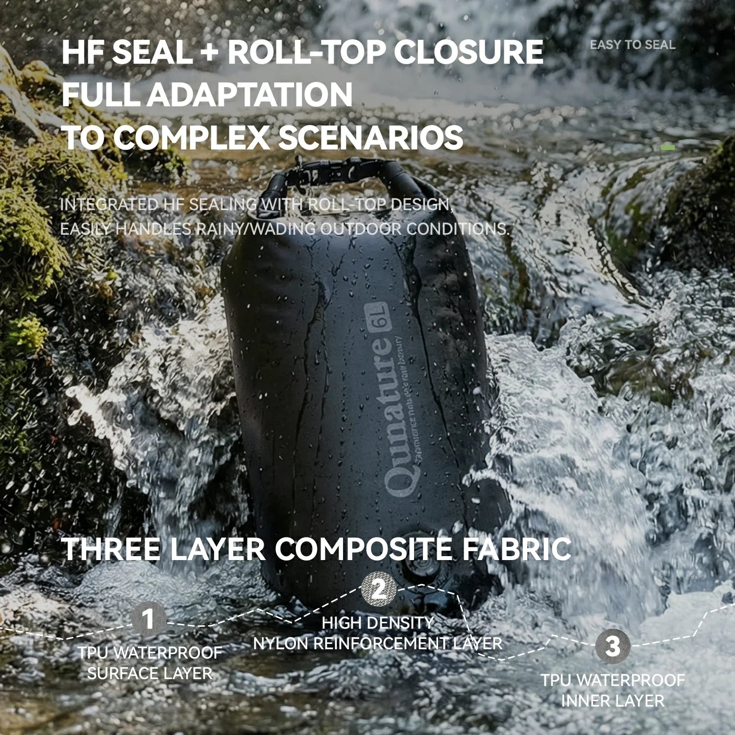 Black bag with Qunature branding submerged in water, surrounded by text about its features.