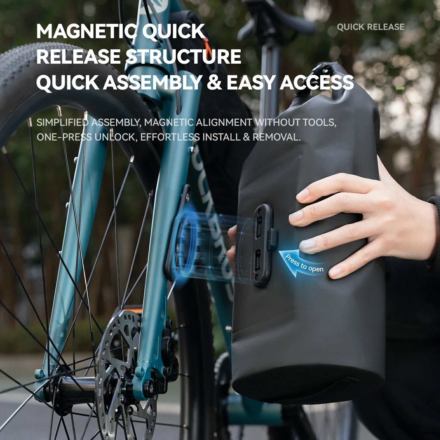 Bicycle with a black bag featuring magnetic quick release structure, quick assembly, and easy access features.