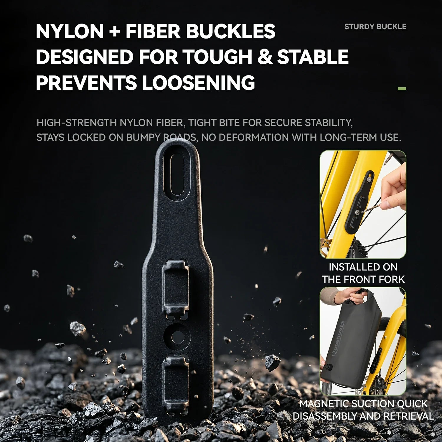 Sturdy buckle with text about nylon and fiber buckles on a dark background