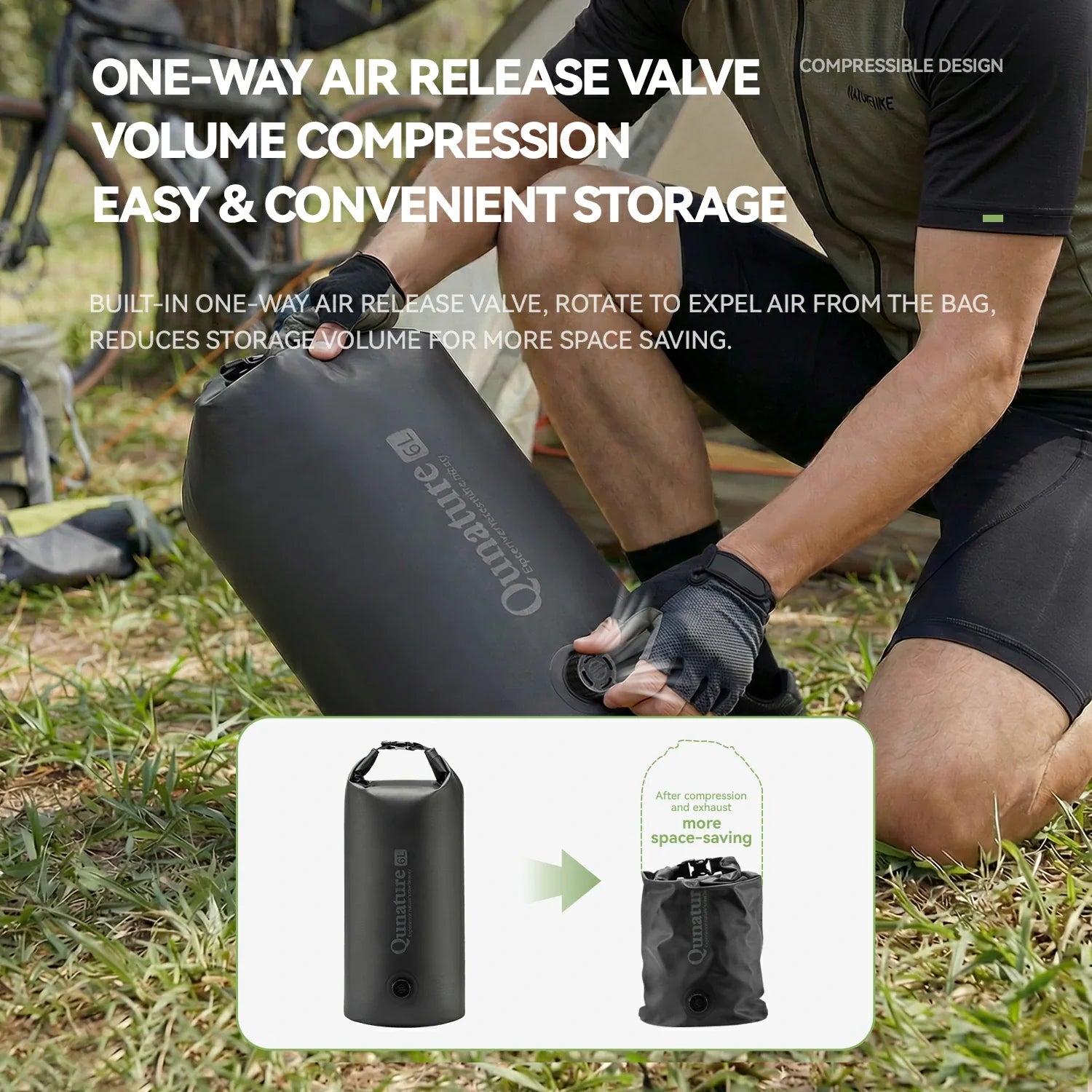 Person using a Compress-a-Sac with text highlighting features like one-way air release valve and compressible design.