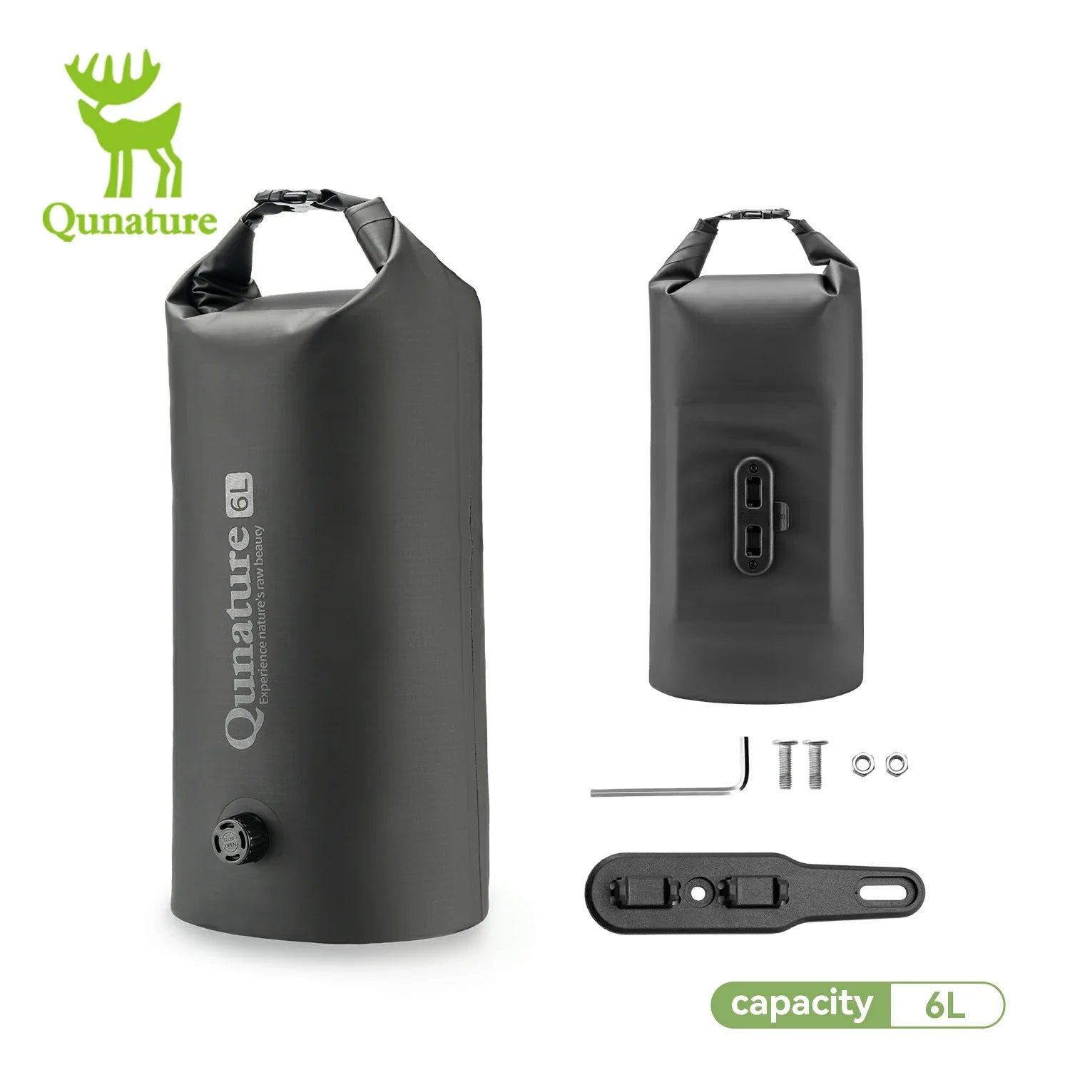 Black dry bag with accessories on a white background, featuring Qunature branding.