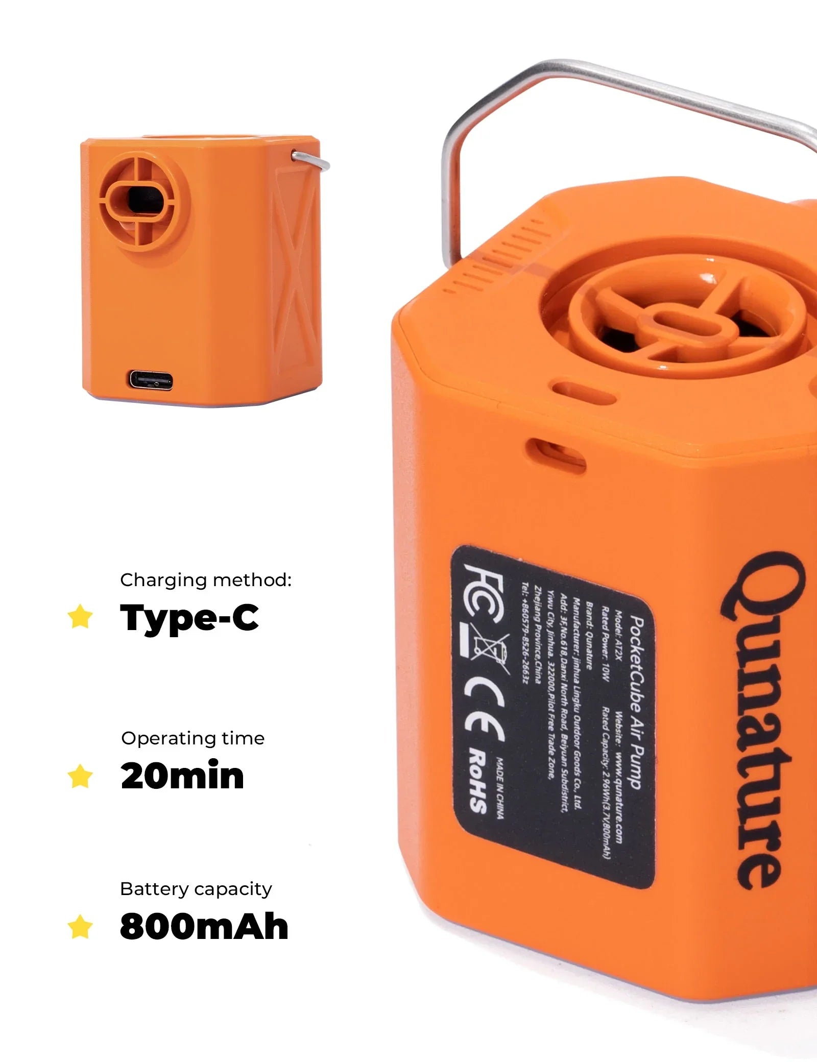 Orange portable air pump with charging method, operating time, and battery capacity details on a white background.