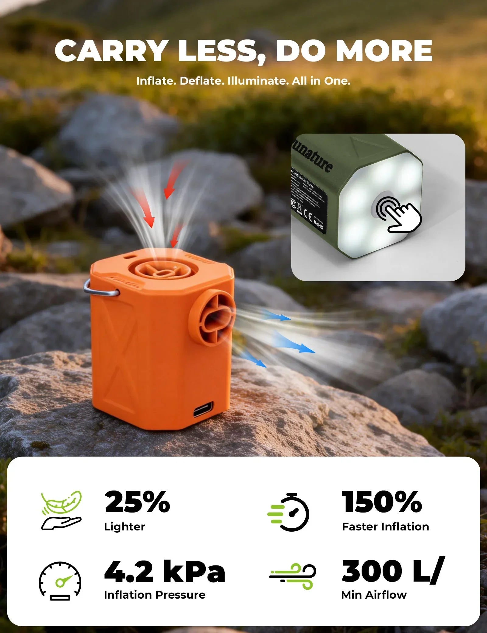 Multifunctional inflatable device with LED light on a rocky background, featuring text 'Carry Less, Do More'.