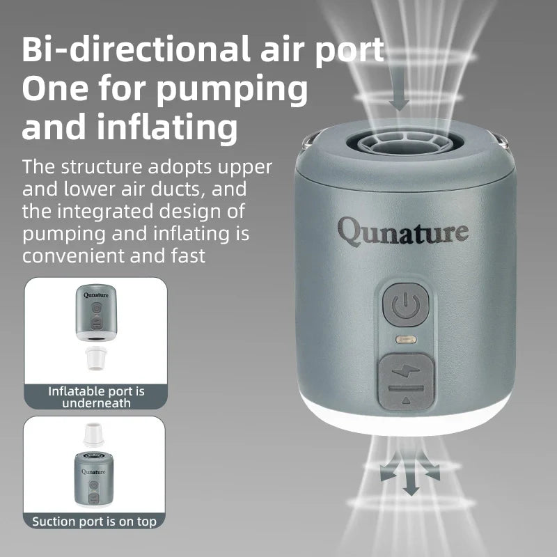 Qunature air pump with text explaining its features on a gray background