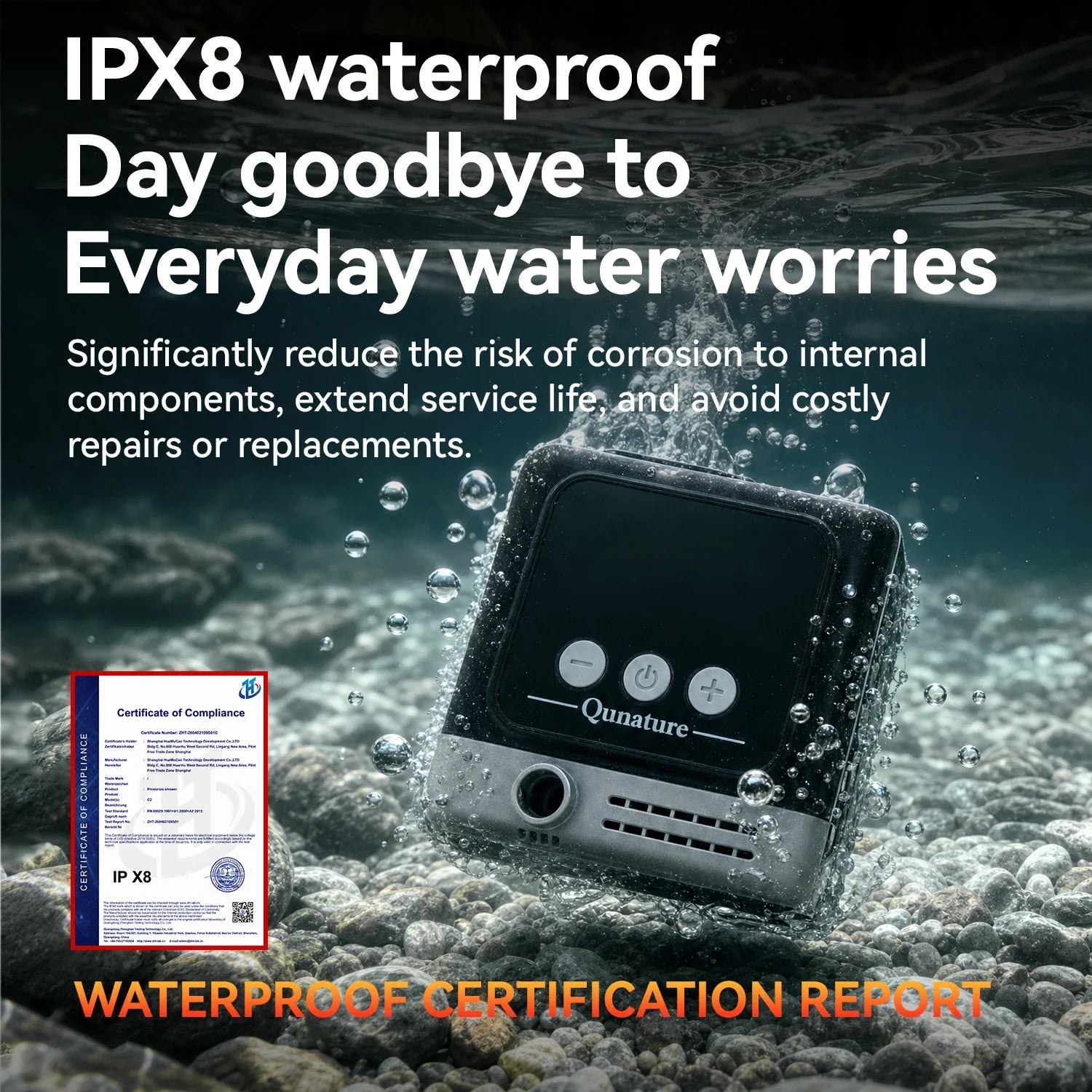 Product submerged in water with text highlighting IPX8 waterproof rating and benefits.