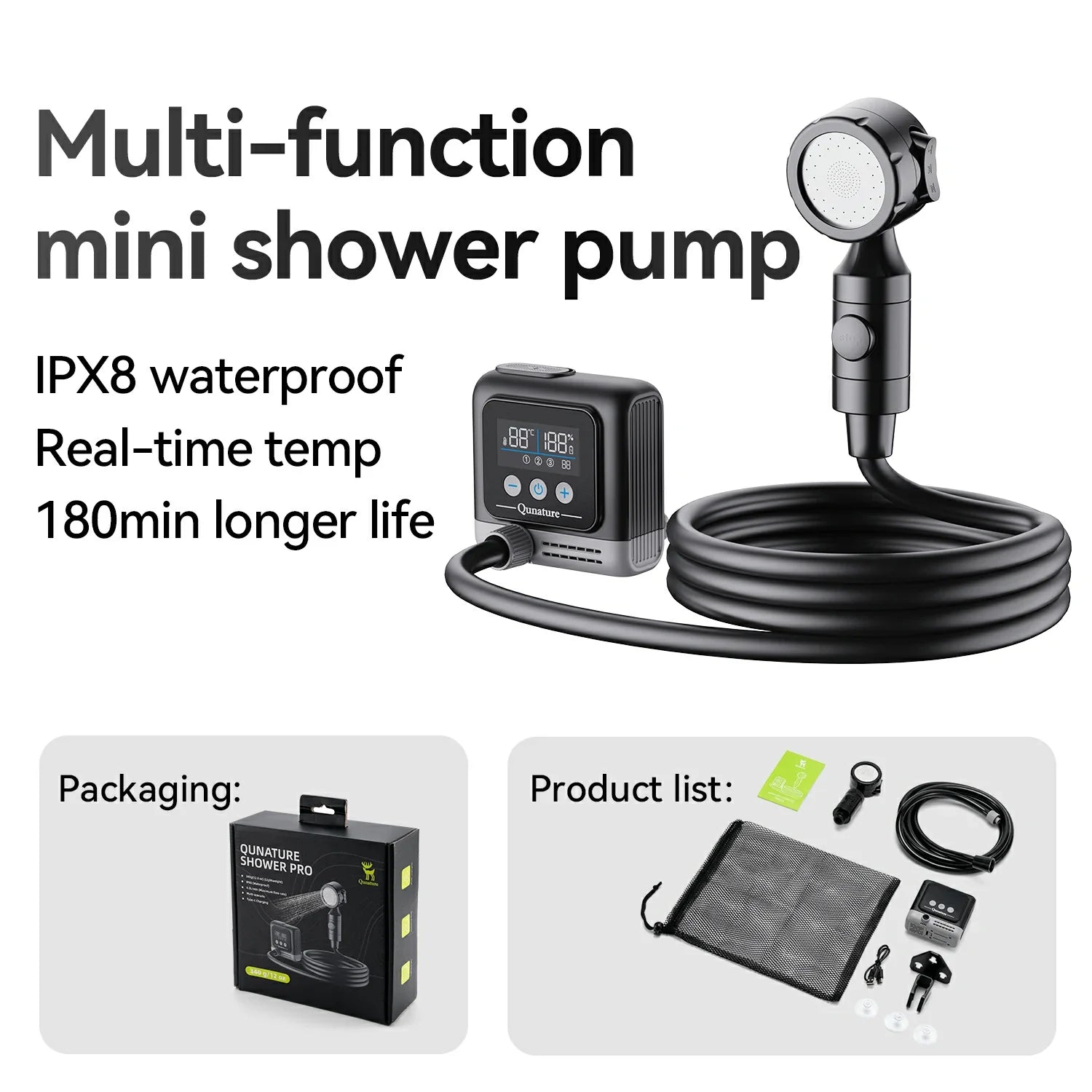 Black multi-function mini shower pump with a coiled hose, handheld wand head, digital control box, carrying pouch, and accessories shown on a white background with text describing features and packaging/product list.