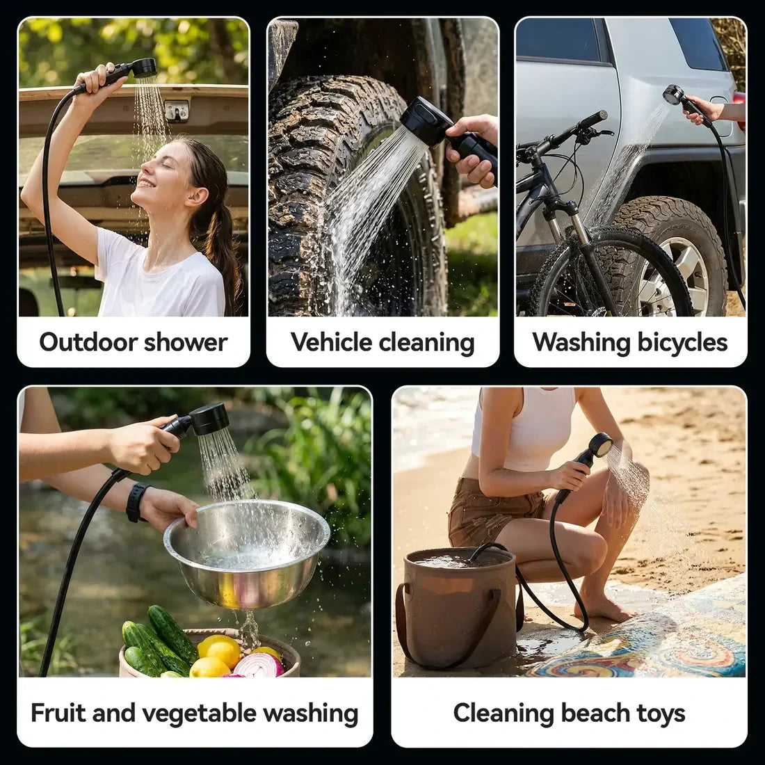 Collage of various uses for a handheld shower head including outdoor shower, vehicle cleaning, washing bicycles, fruit and vegetable washing, and cleaning beach toys.