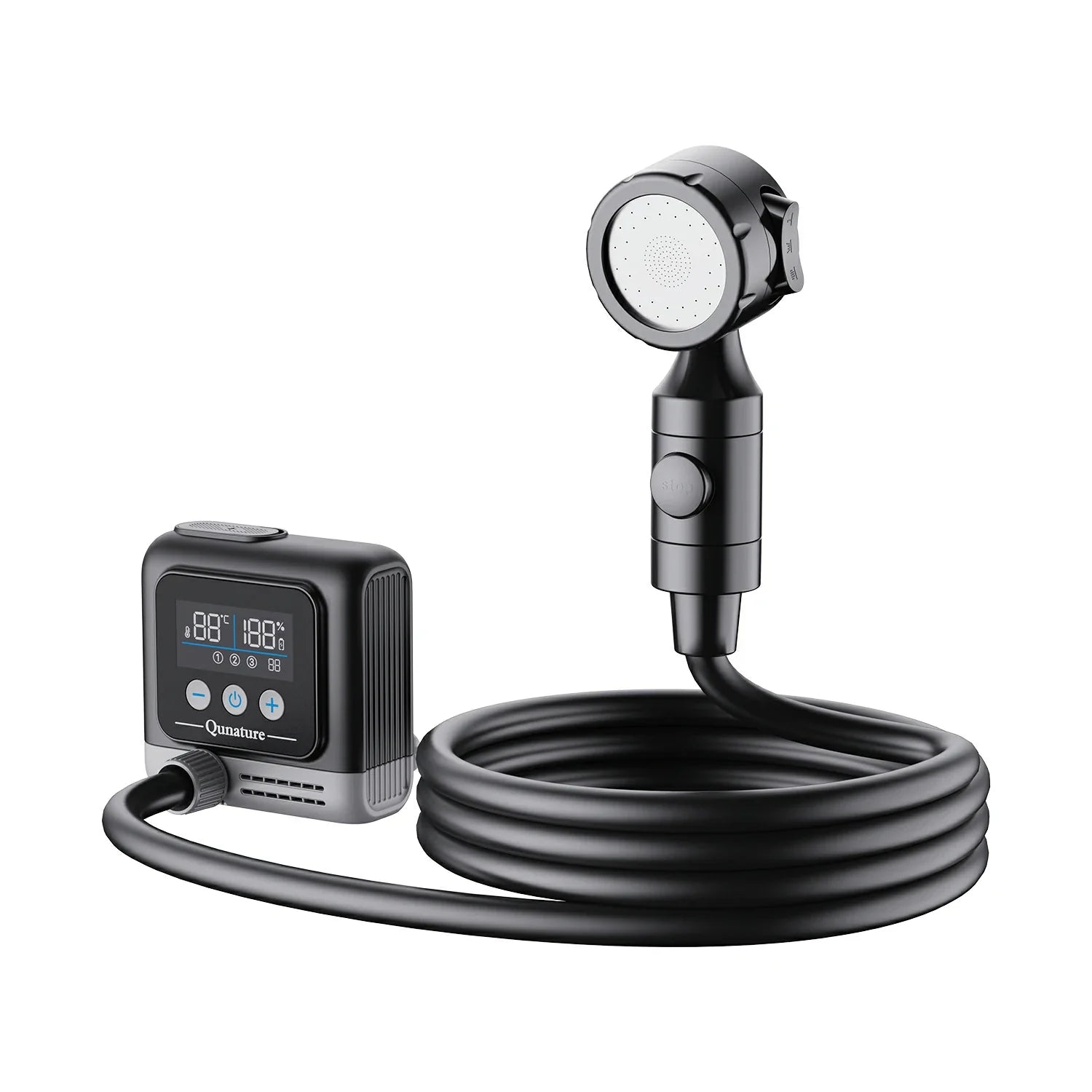 Digital shower head with adjustable settings on a white background