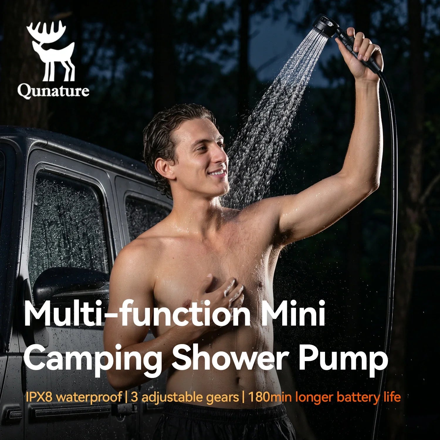 A shirtless man outdoors at night uses a handheld shower head to shower under running water next to a dark vehicle. The image includes the Qunature logo and text reading 'Multi-function Mini Camping Shower Pump' with feature callouts below.