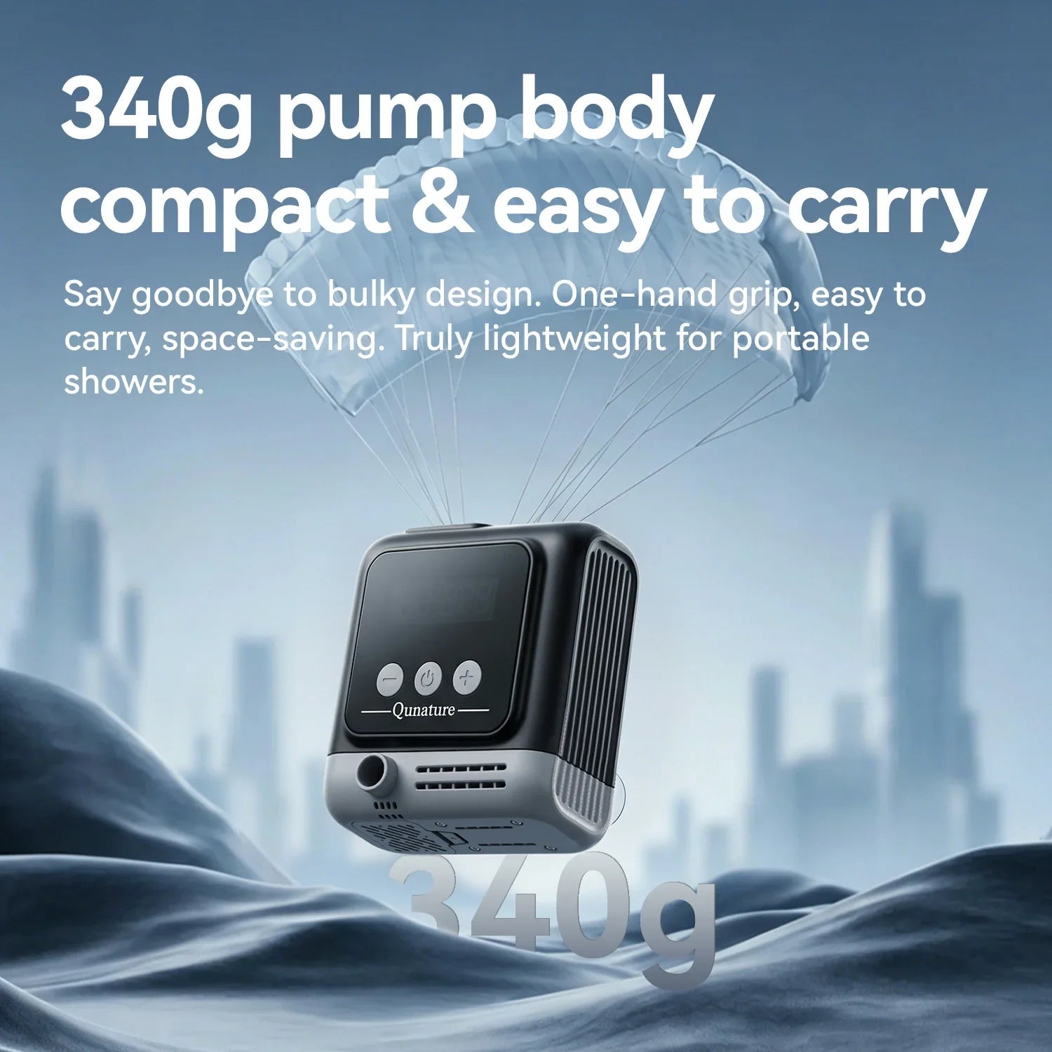 Portable shower with text highlighting its lightweight design and ease of carrying.