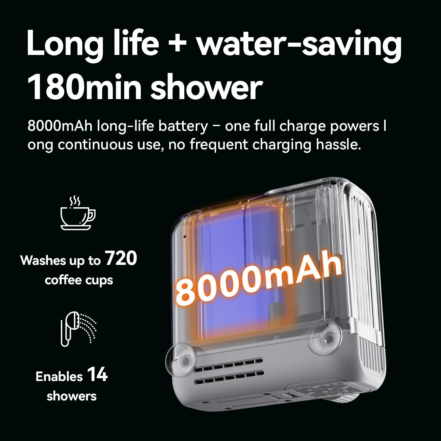 Shower device with battery display and charging information on a black background