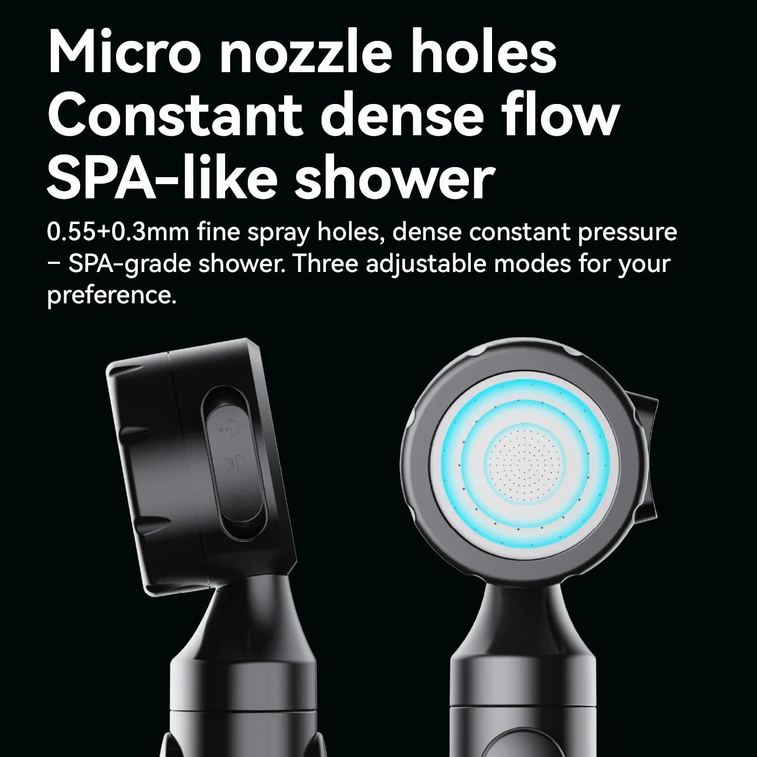 Black handheld shower head shown from two angles on a black background, with white marketing text describing micro nozzle holes, constant dense flow, and SPA-like shower features.