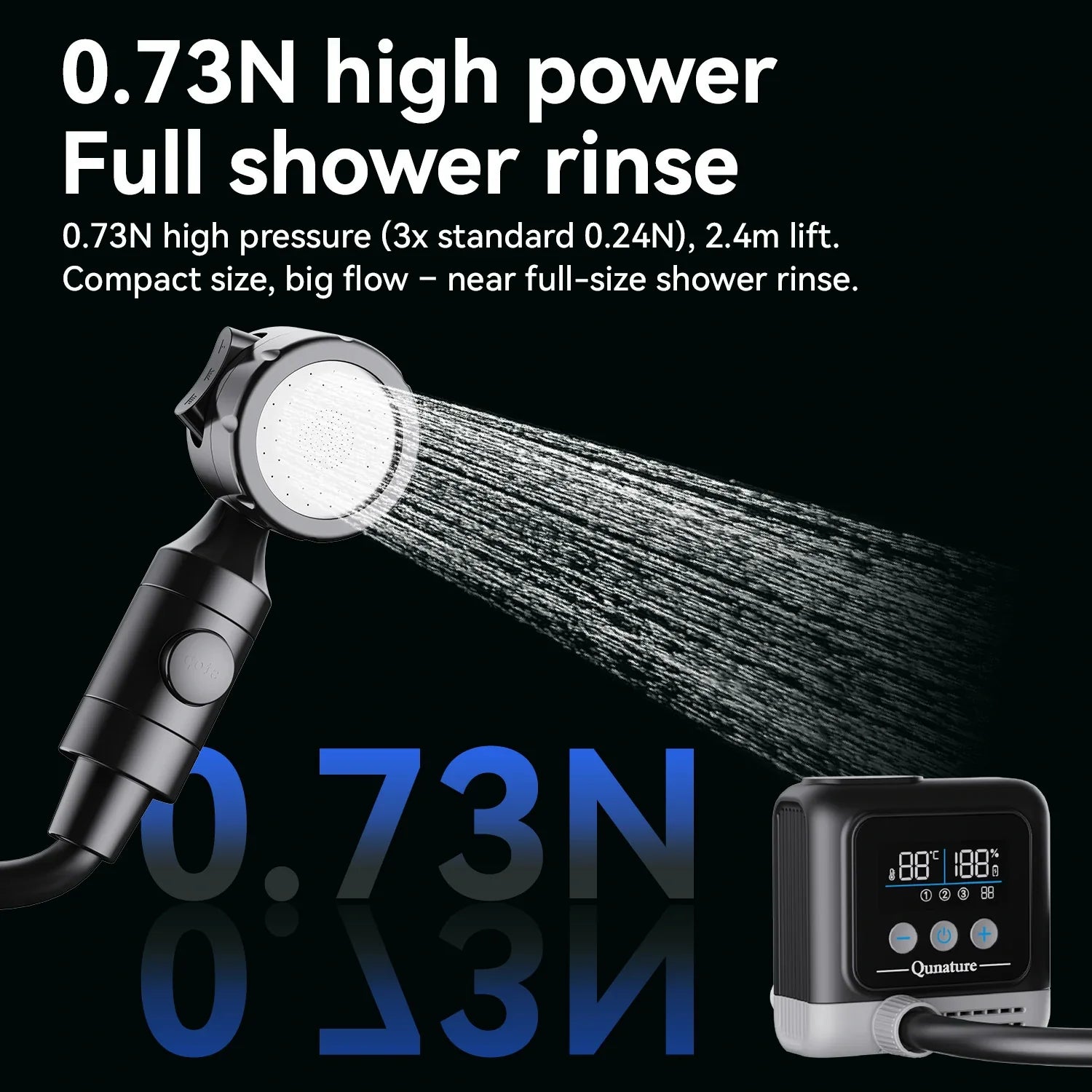 High power shower head with digital display on a black background