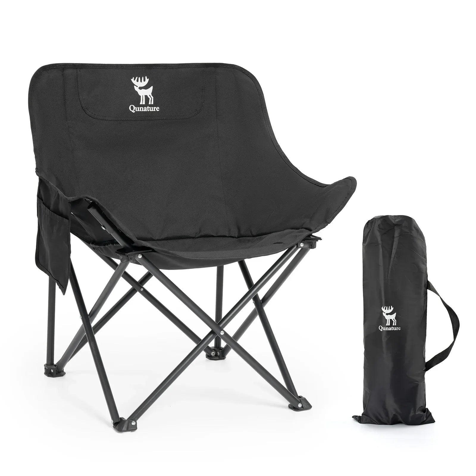 Black camping chair with carrying bag on a white background  #version_Adult color_black