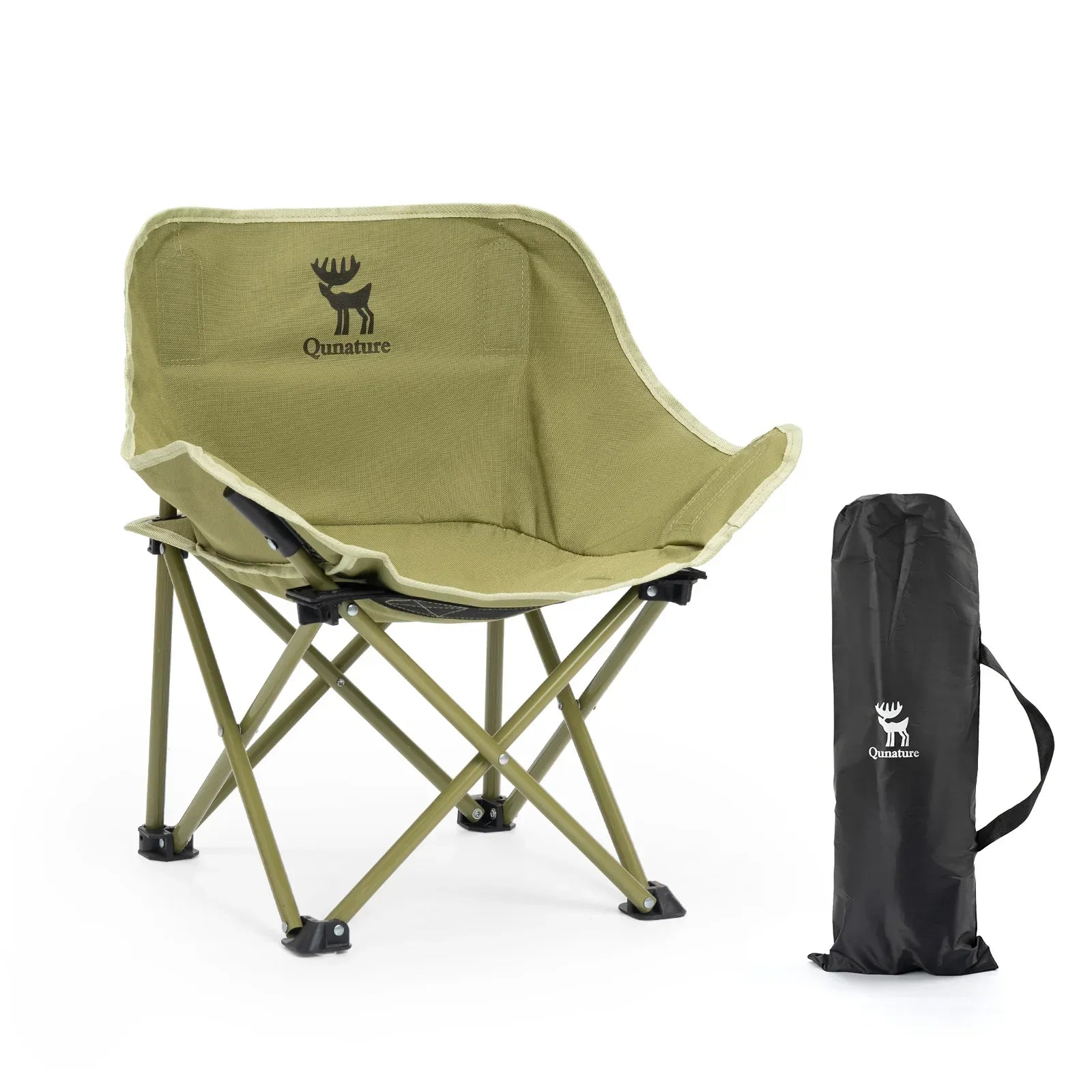 Olive green camping chair with carrying bag on a white background #version_kids color_green