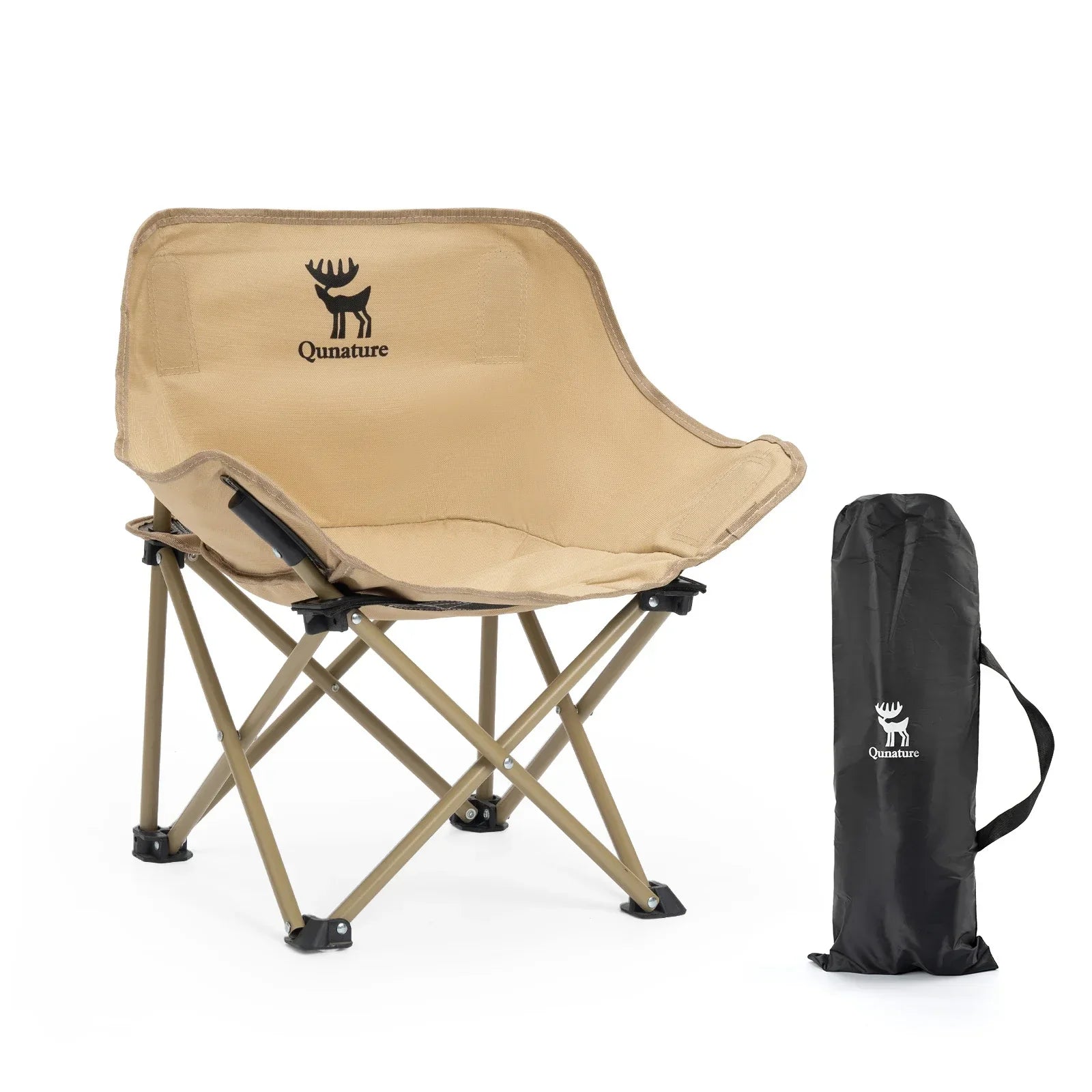 Beige folding chair with black carrying bag on a white background #version_kids color_khaki