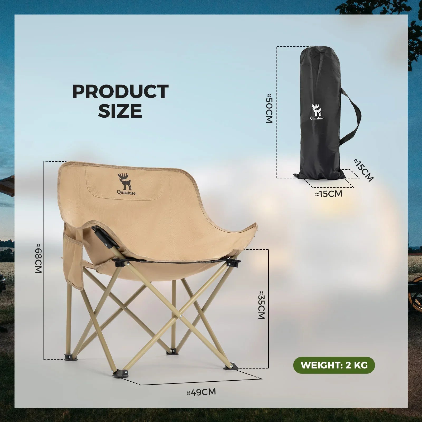 Beige folding chair with dimensions and carrying bag on a light blue background  #version_Adult