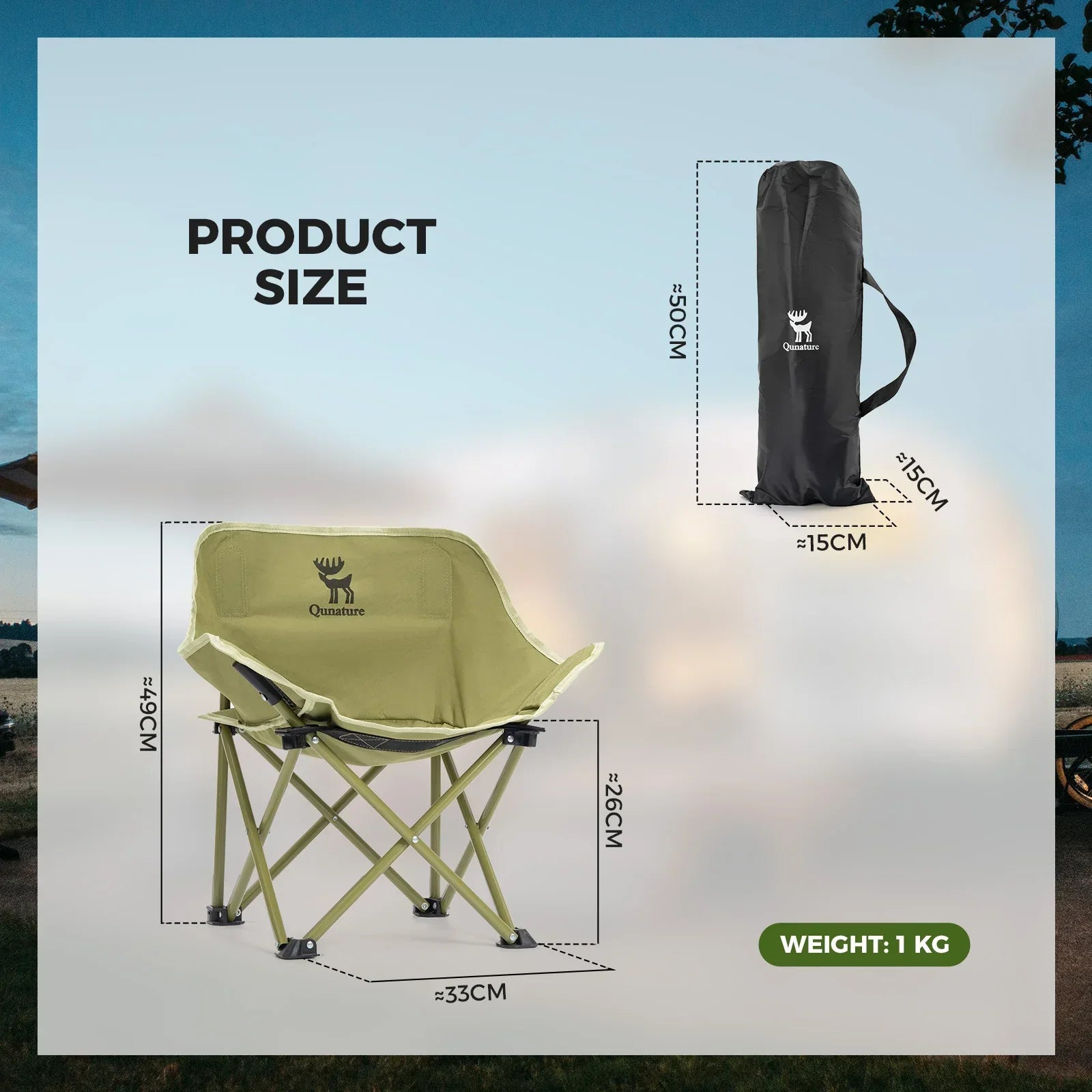 Folding chair with dimensions and product size information on a blurred outdoor background #version_kids