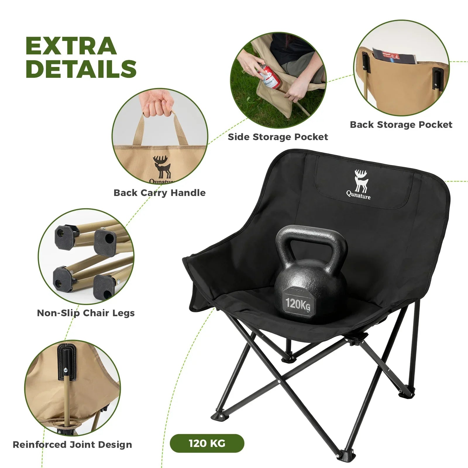 Black camping chair with features highlighted on a white background  #version_Adult