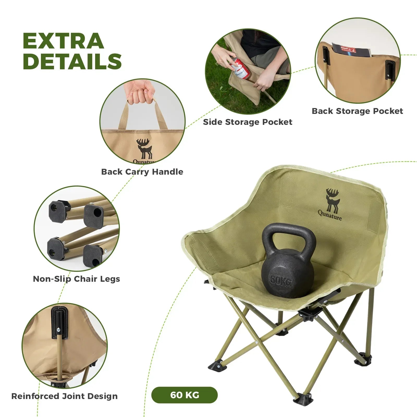 Olive green camping chair with features highlighted on a white background #version_kids