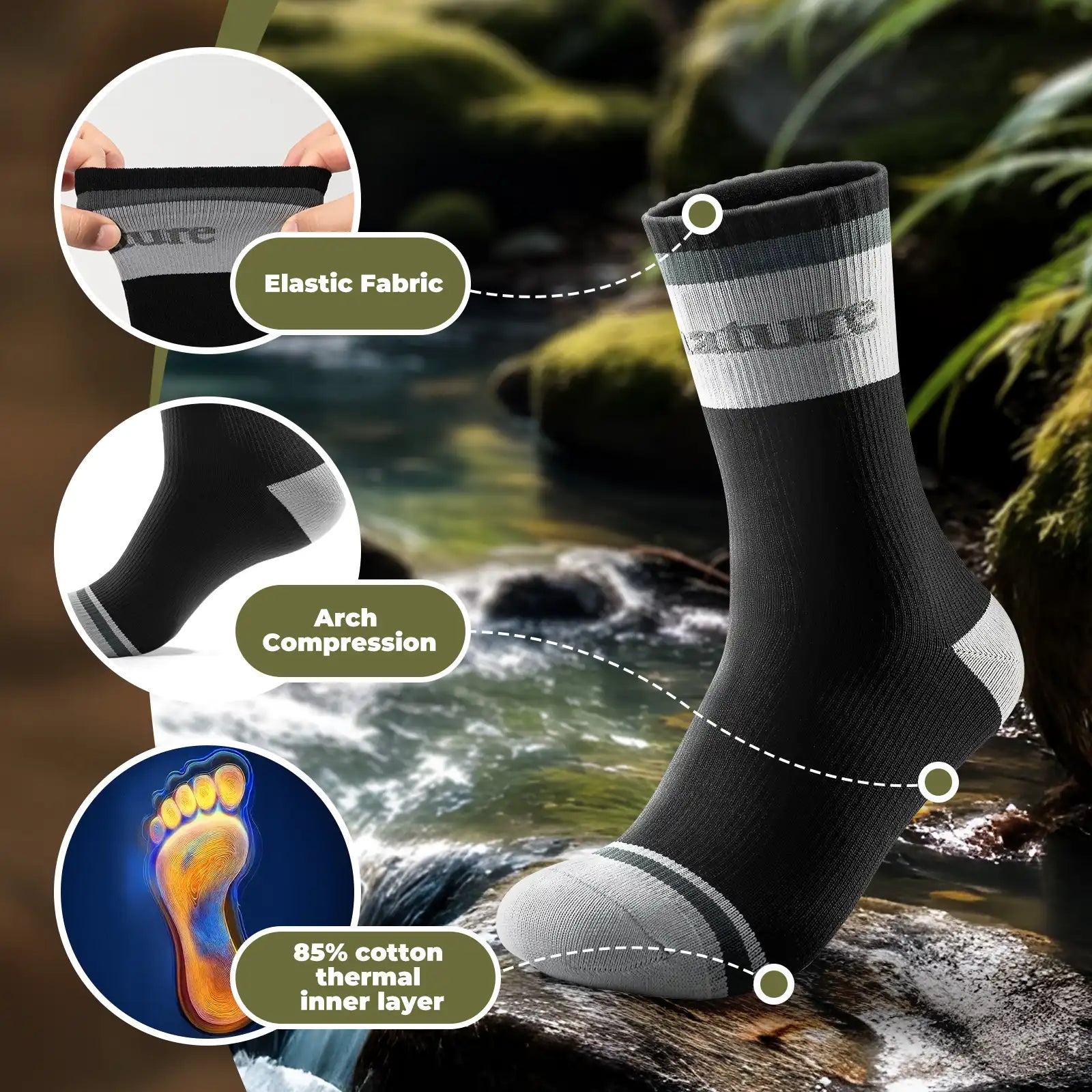 Black sock with features highlighted on a natural background