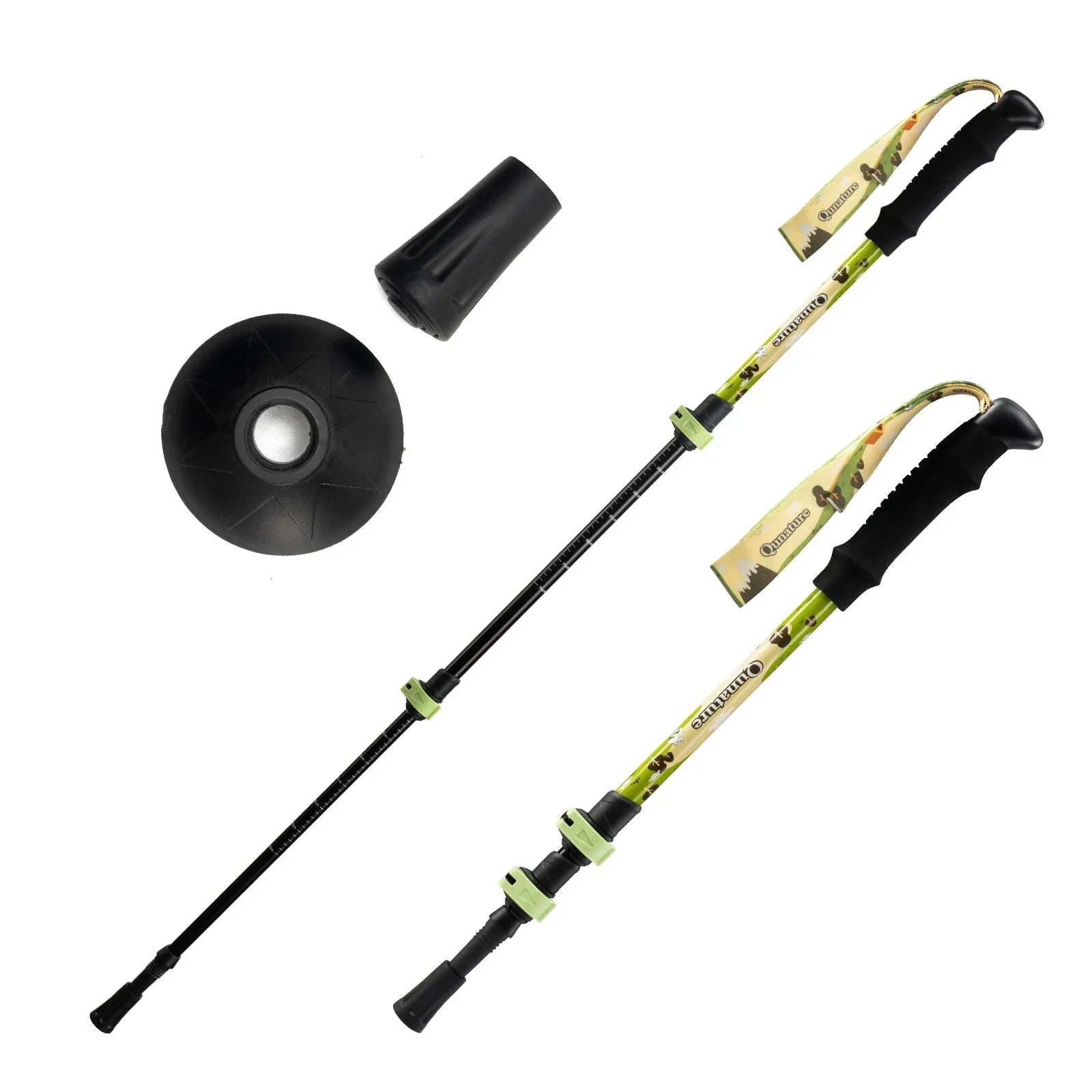 Two hiking poles with camouflage grips and black ferrules on a white background #color_Yellow