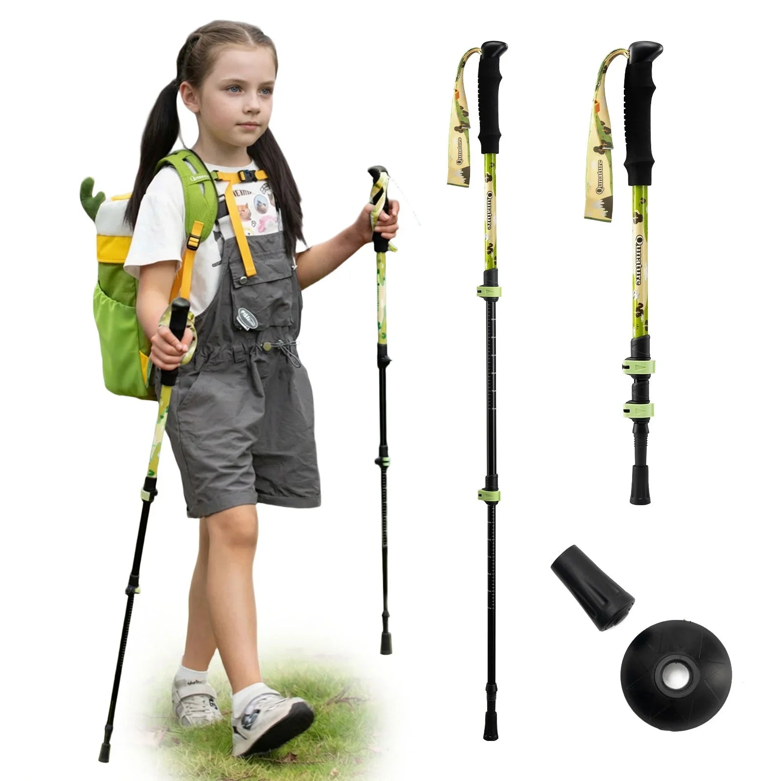 Child with hiking gear including a backpack, poles, and accessories on a white background #color_Yellow