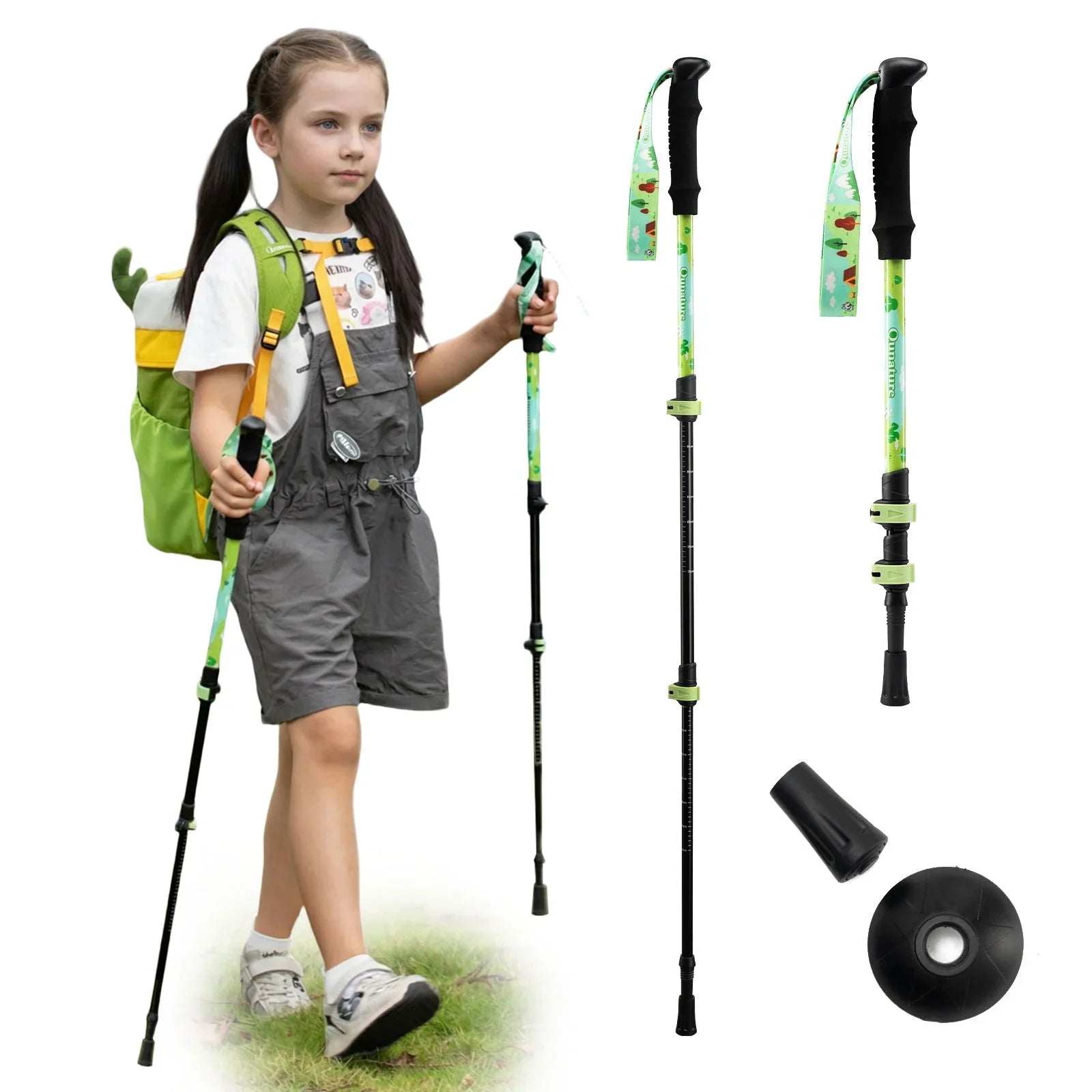 Child with hiking gear including a backpack, poles, and accessories on a white background #color_Green