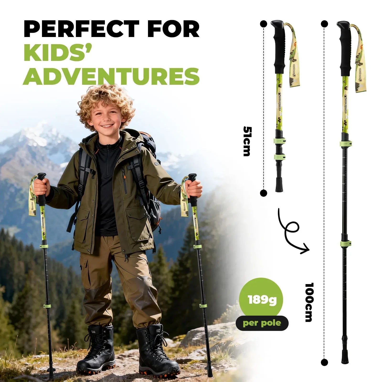 Child with hiking poles in a mountainous landscape, with product details on screen. #color_Yellow