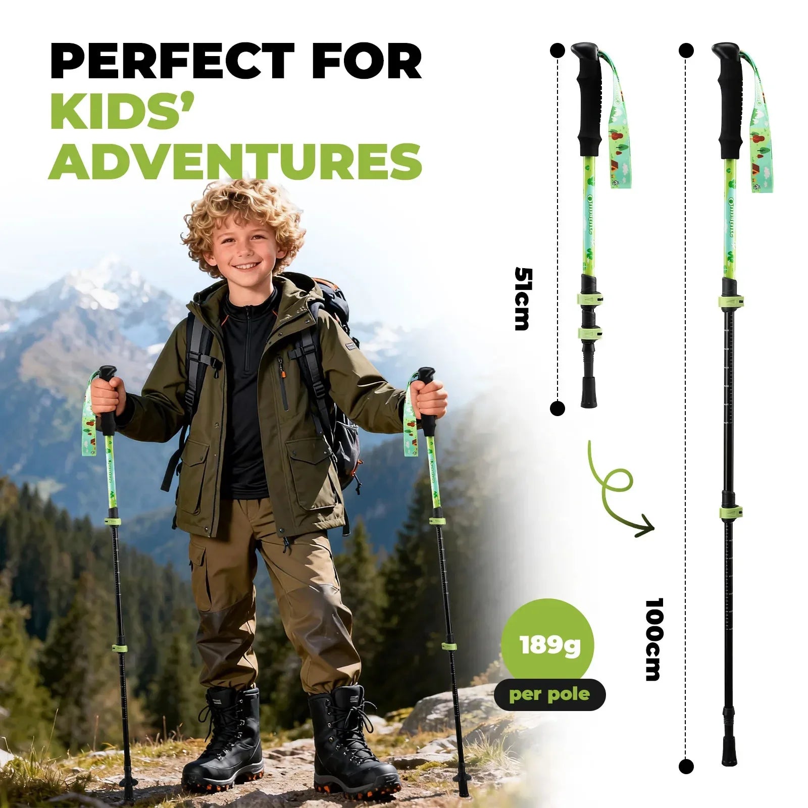 Child with hiking poles in a mountainous landscape, with product details on screen.#color_Green