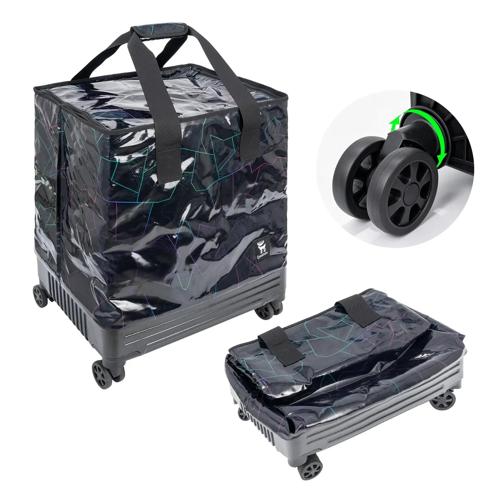 Black and gray rolling cart with wheels and a clear cover on a white background