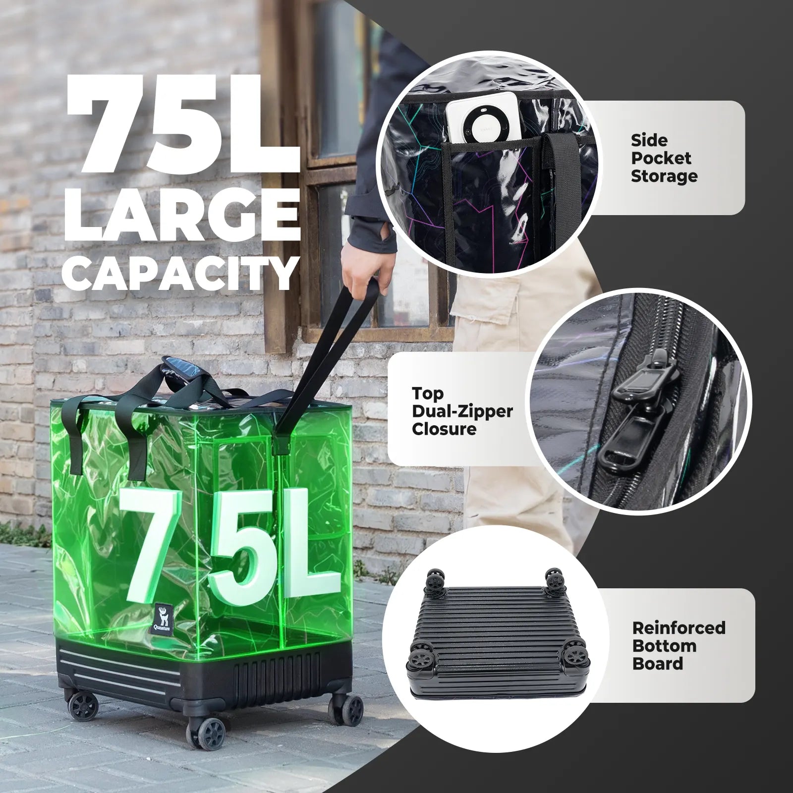 Black suitcase with 75L capacity on a white background
